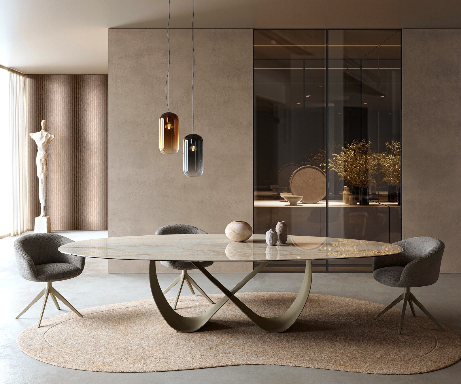 Esstisch Edge Oval 315x150 cm Keramik Iris FMG Onice Oro Infinity Metall Effektfinish Titan 1