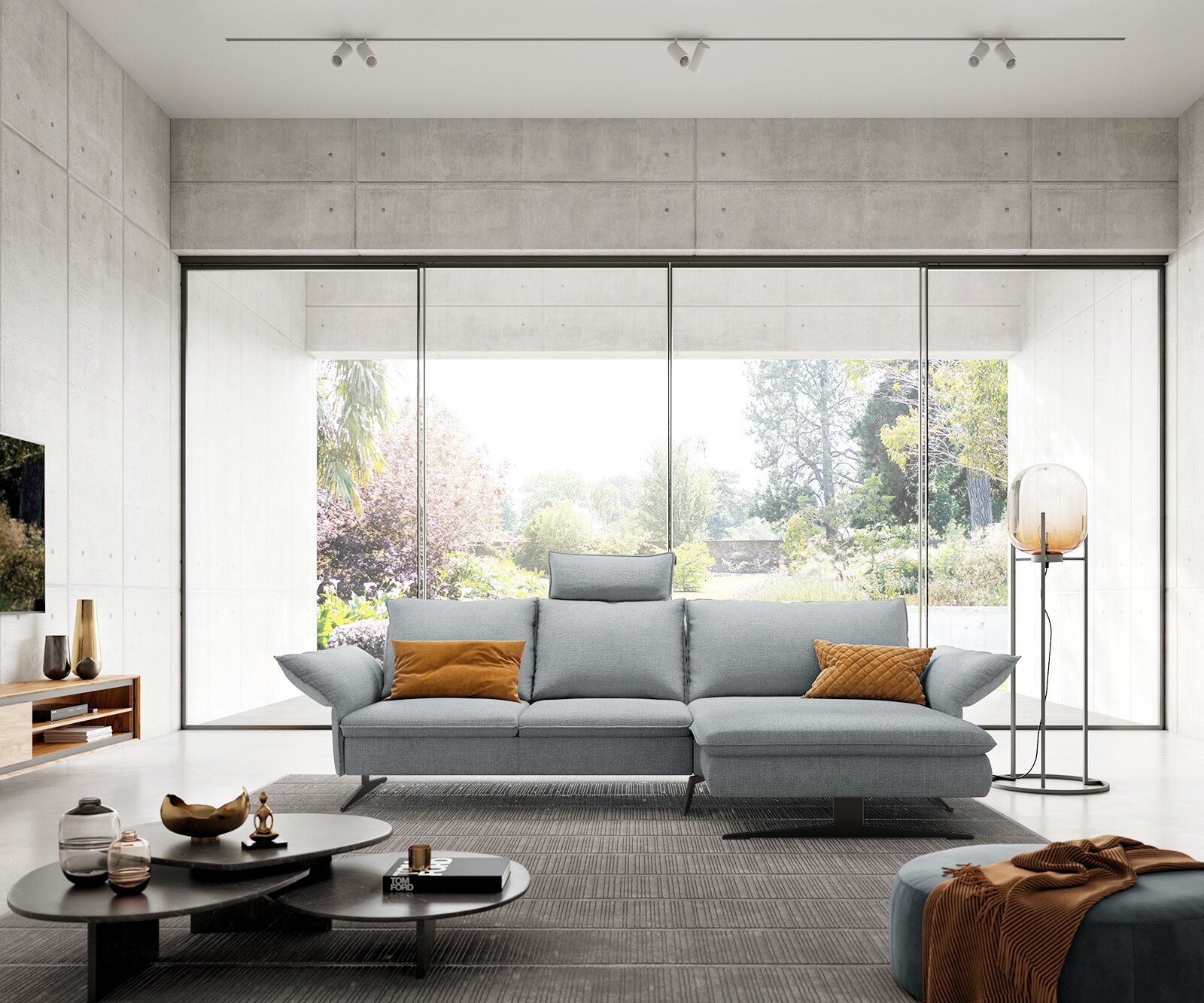 Ecksofa Nerio 300 x 190 cm Flachgewebe Pastellblau Recamiere rechts 1