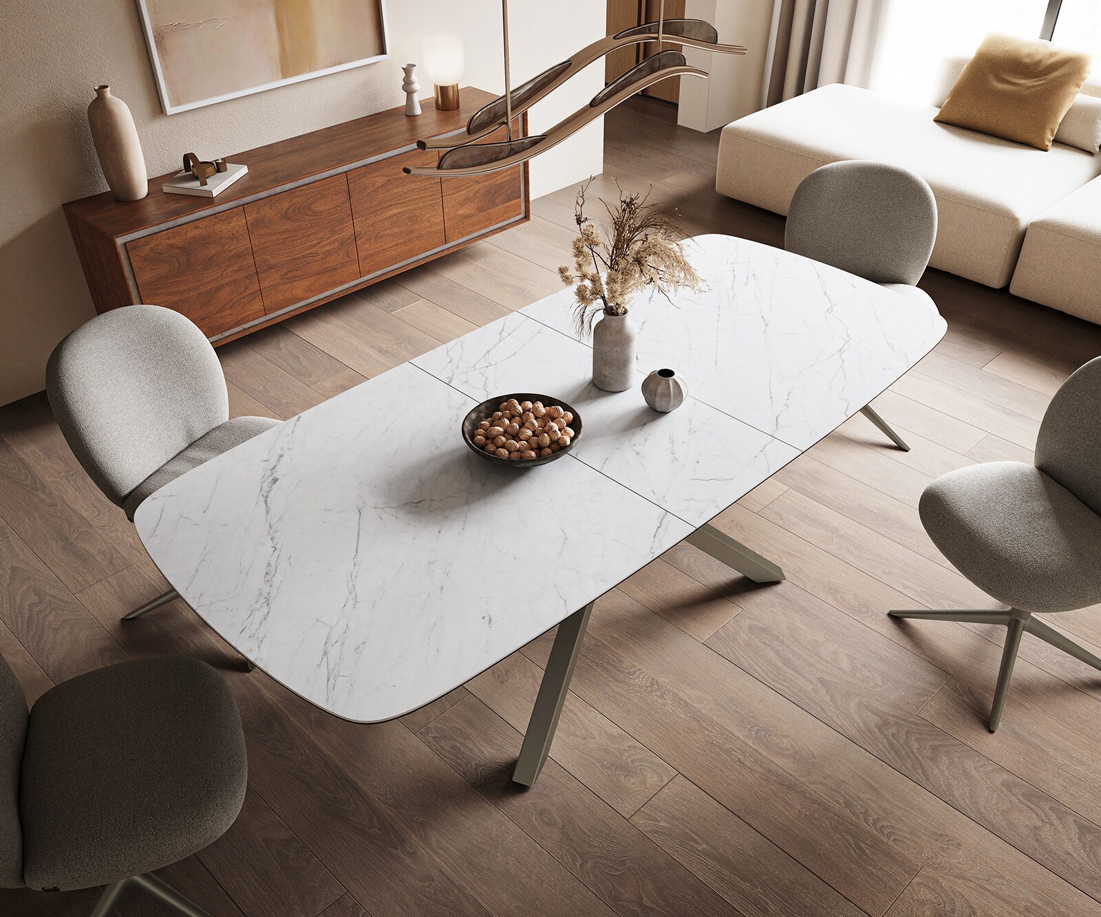 Esstisch Edge Boot 180-220x100 cm Keramik Laminam® Statuarietto Weiß Kreuzgestell Rechteck Effektfinish Titan ausziehbar 4