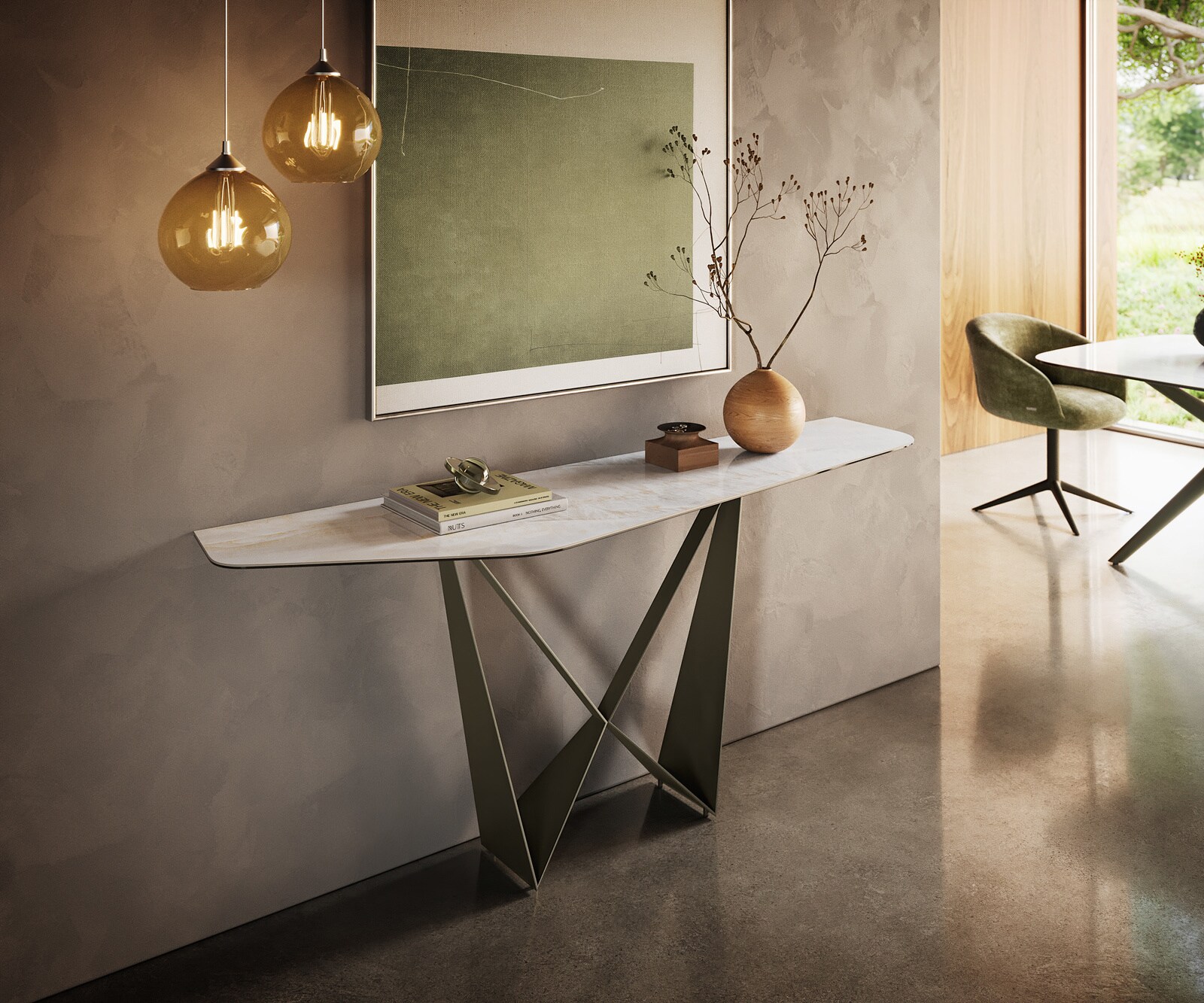 DELIFE Konsolentisch Edge Polygonal 180x50 cm Keramik Onyx Pearl Spios Metall Effektfinish Titan, Konsolentische - Grau-Beige B180 x T50 x H79 cm