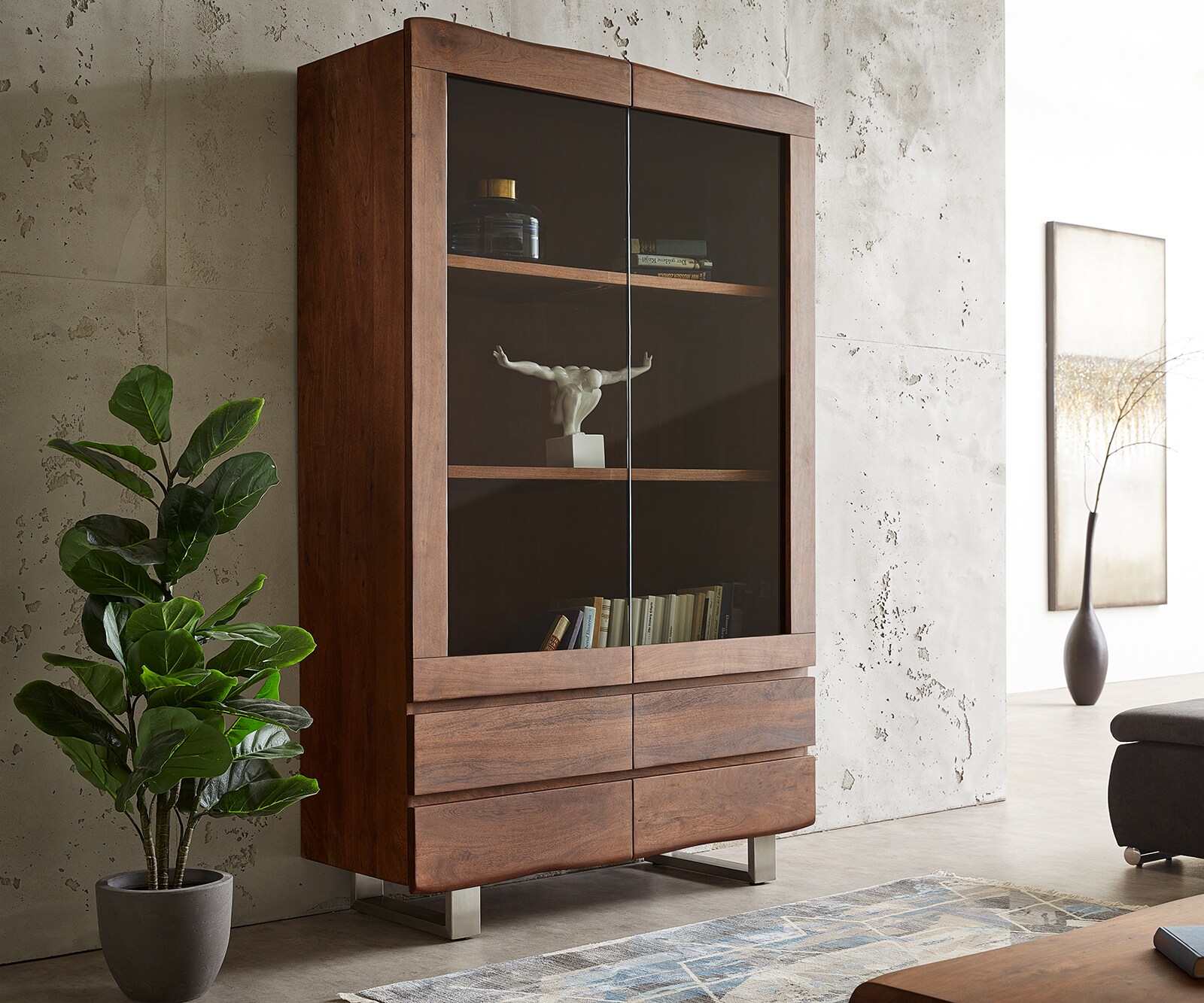 Highboard Live-Edge Glasvitrine Massivholz Edelstahl Füße 4