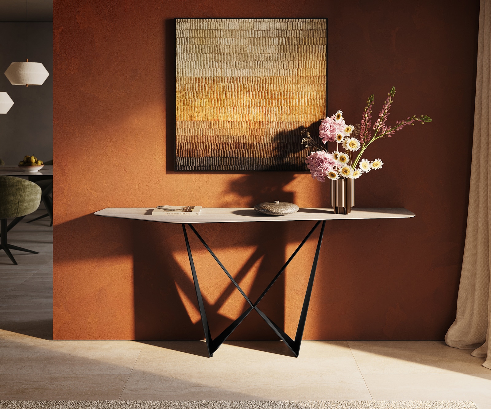 Konsolentisch Edge Polygonal 180x50 cm Keramik Laminam® Travertino Bianco Creme-Weiß Spios Metall Schwarz