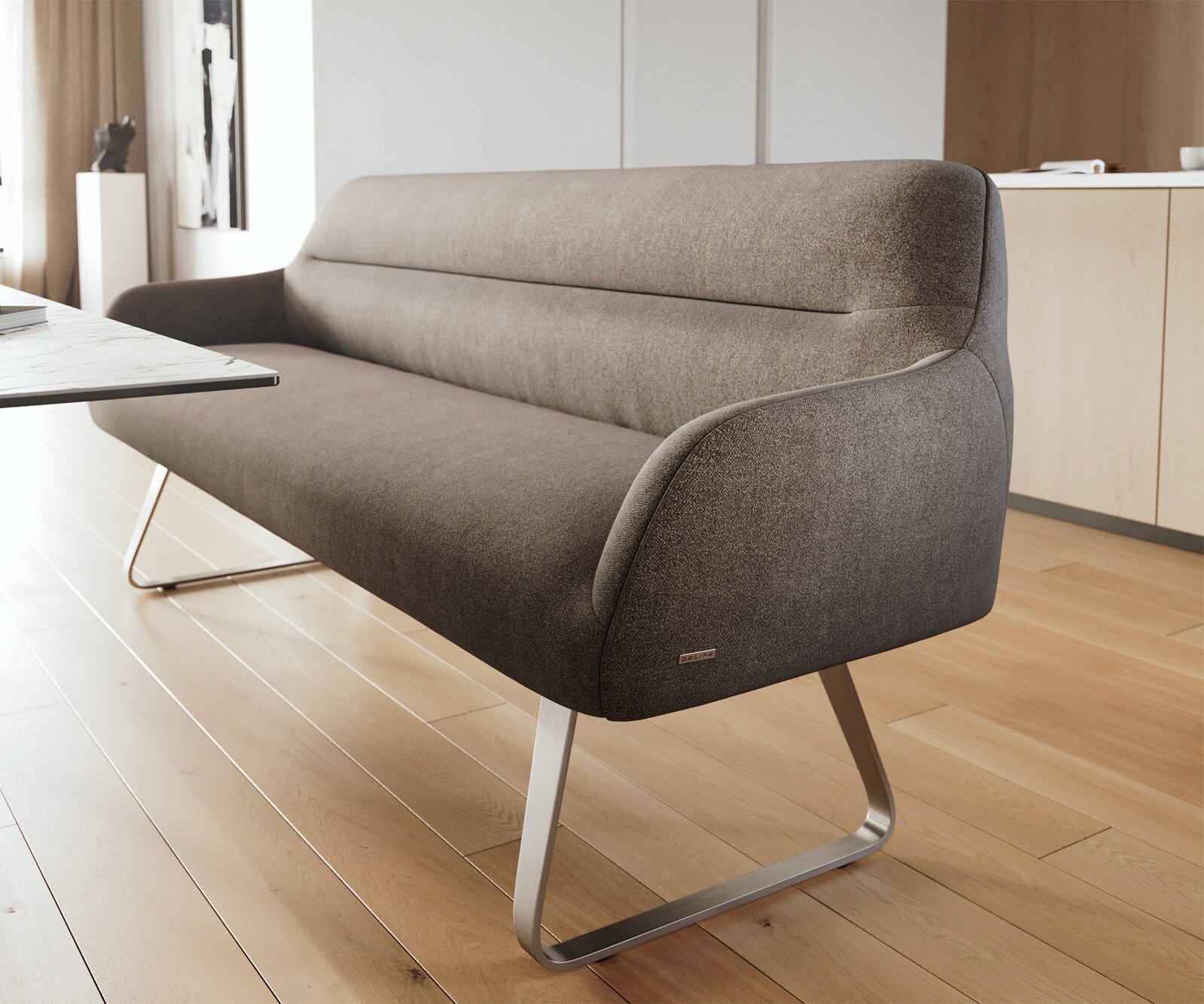 Esszimmerbank Taya-Flex 200 cm Strukturstoff Soft Taupe Kufengestell flach Edelstahl Taschenfederkern 5