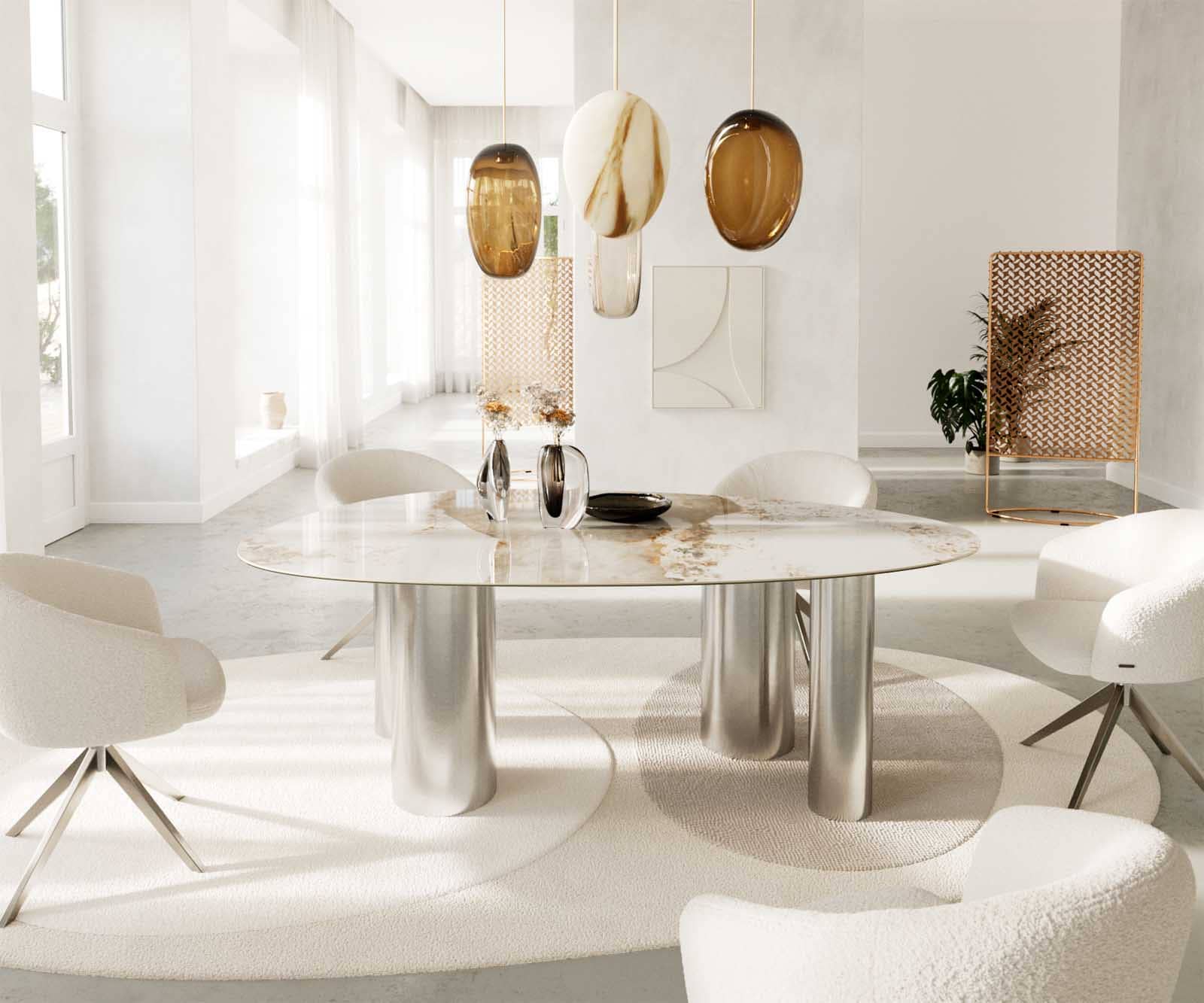 Esstisch Edge Oval 220x120 Keramik Minas Melange Weiß-Beige Pilier Edelstahl 2 Esstisch Edge Oval 220x120 Keramik Minas Melange Weiß-Beige Pilier Edelstahl 2