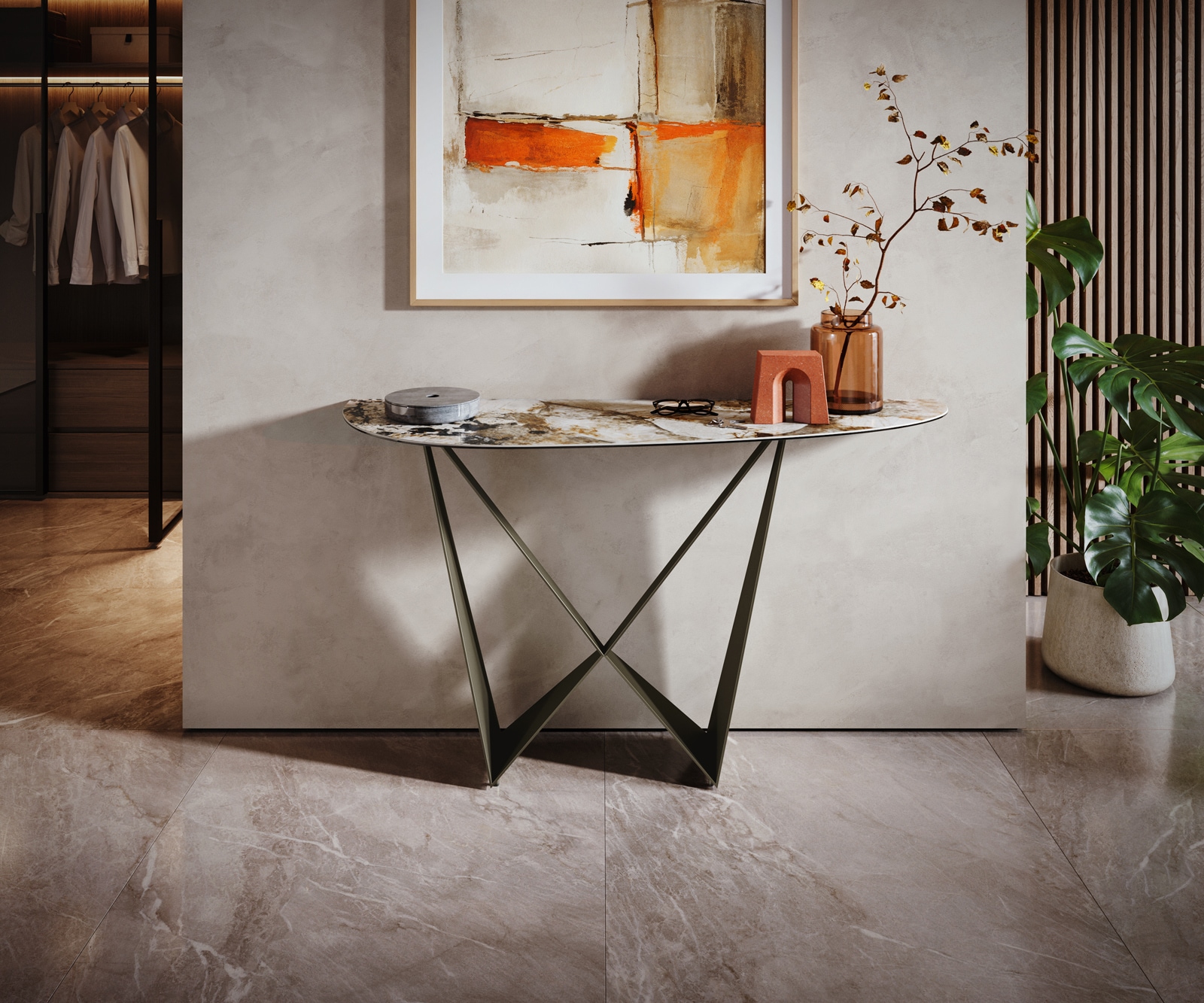 Konsolentisch Edge Oval 140x40 cm Keramik Patagonia Poliert Spios Metall Effektfinish Titan 3