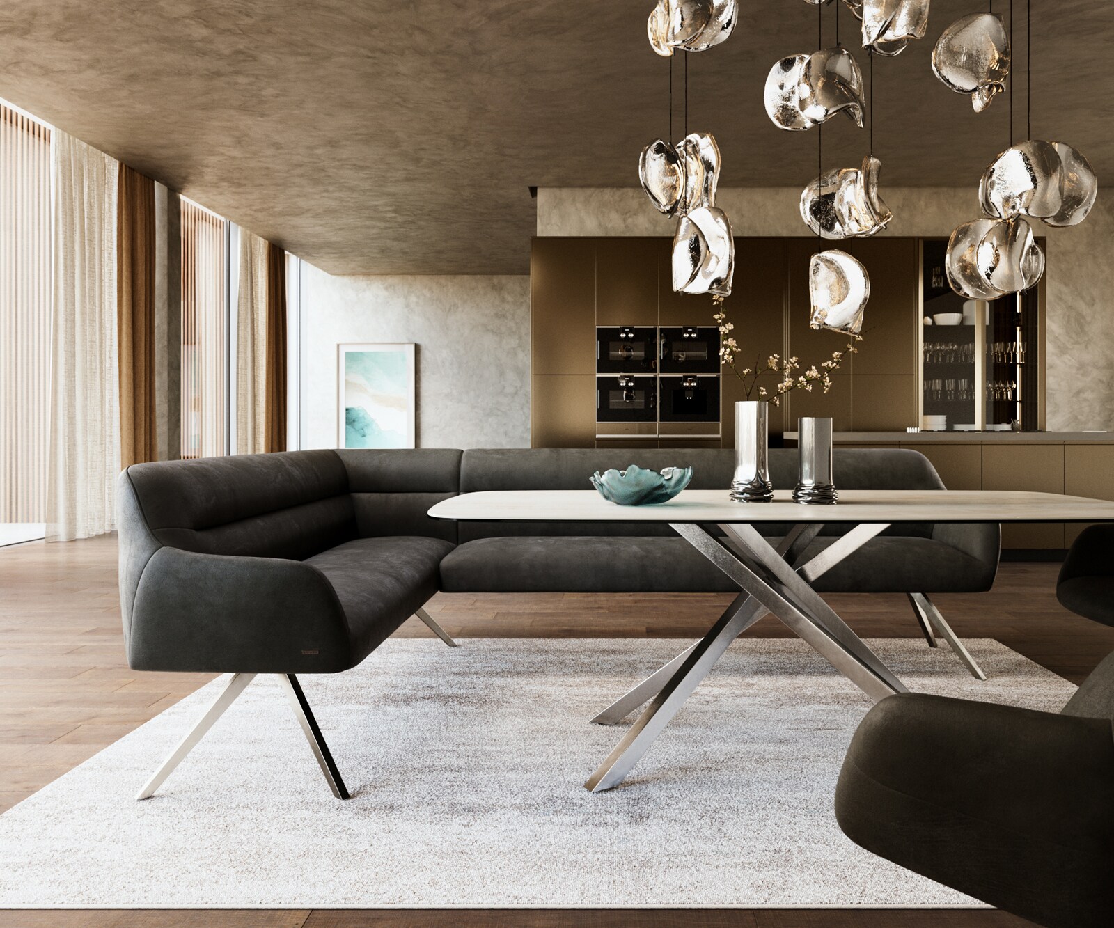 Esszimmerbank Taya-Flex 285x190 cm Mikrofaser Anthrazit Vintage Kreuzgestell kantig Edelstahl Taschenfederkern Rechts 1