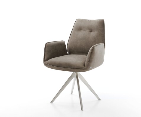 Esszimmerstuhl Zoa-Flex Mikrofaser Taupe Vintage Kreuzgestell kantig Edelstahl Taschenfederkern