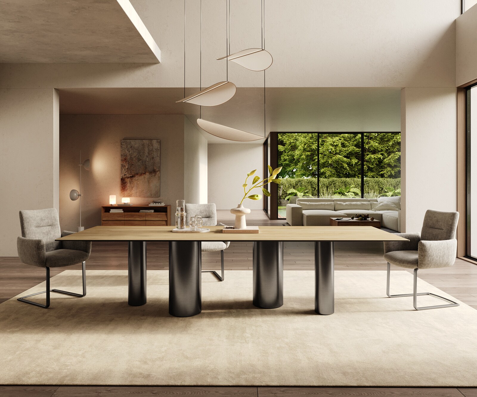 Esstisch Edge 300x100 Keramik Laminam® Sabbia Eichefarbig Pilier Edelstahl Graphit 1