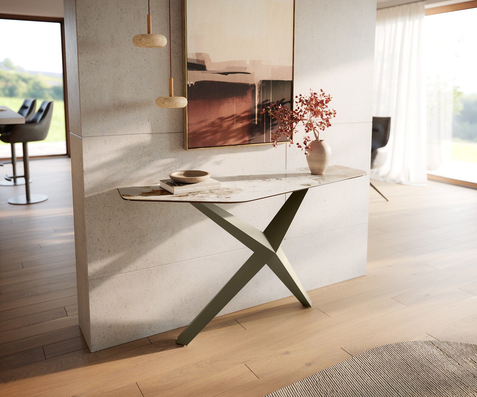 Konsolentisch Edge Polygonal 140x50 cm Keramik Minas Melange Weiß-Beige Zentharo Metall Effektfinish Titan 4