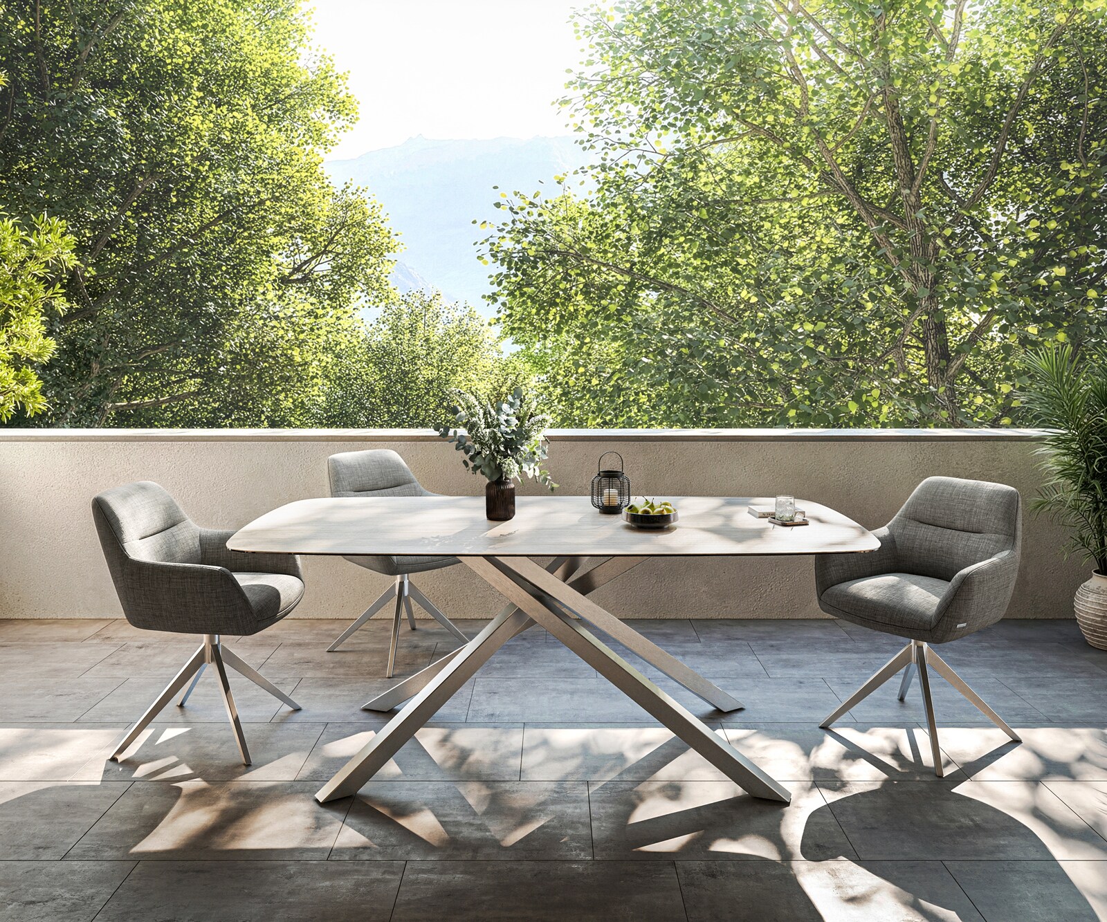 Outdoortisch Edge Boot 200x100 cm Keramik Laminam® Travertino Bianco Creme-Weiß Kreuzgestell Rechteck Edelstahl 1