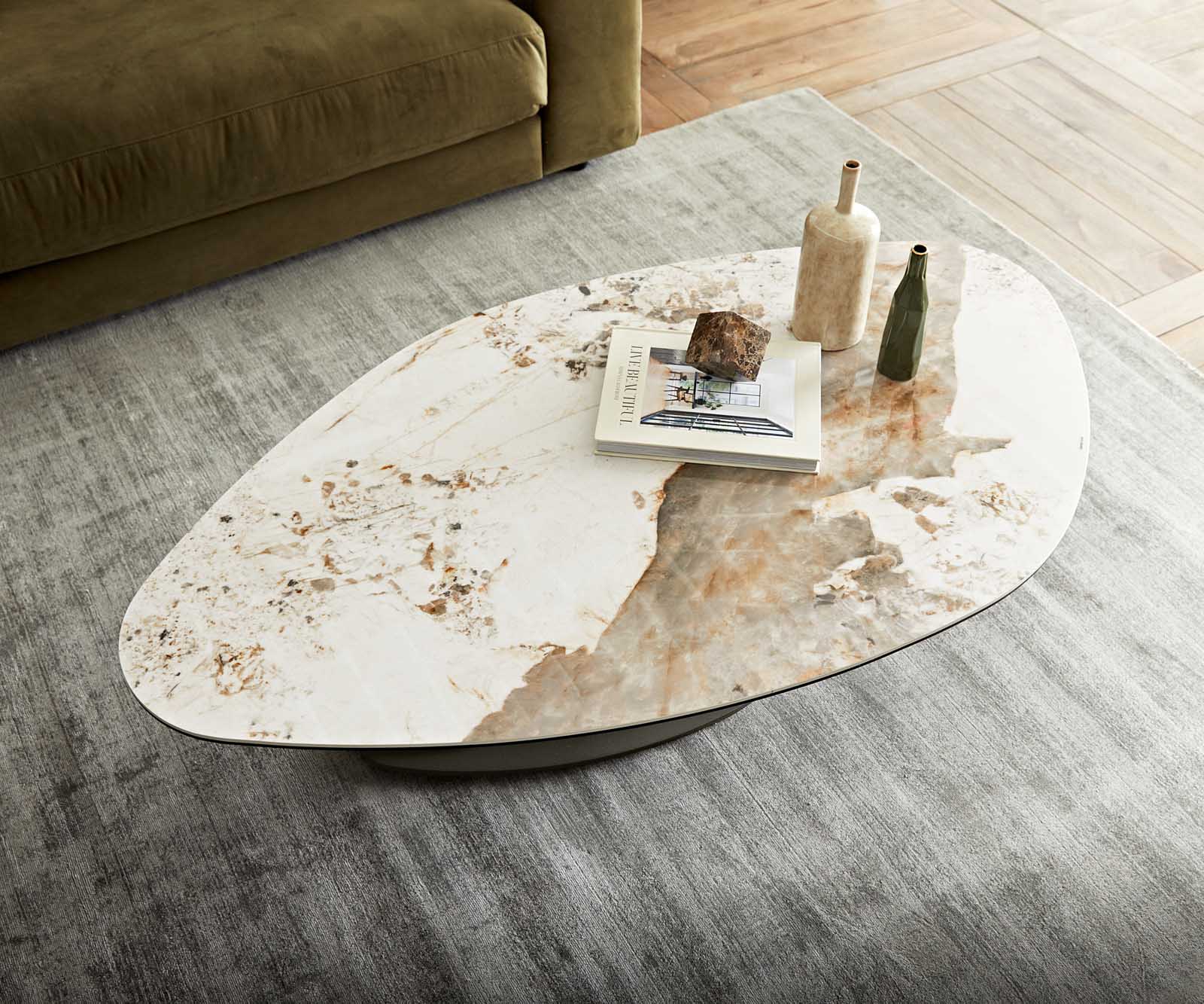 Couchtisch Vibana 140x80 cm Keramik Minas Melange Weiß-Beige Gestell Effektfinish Titan 3