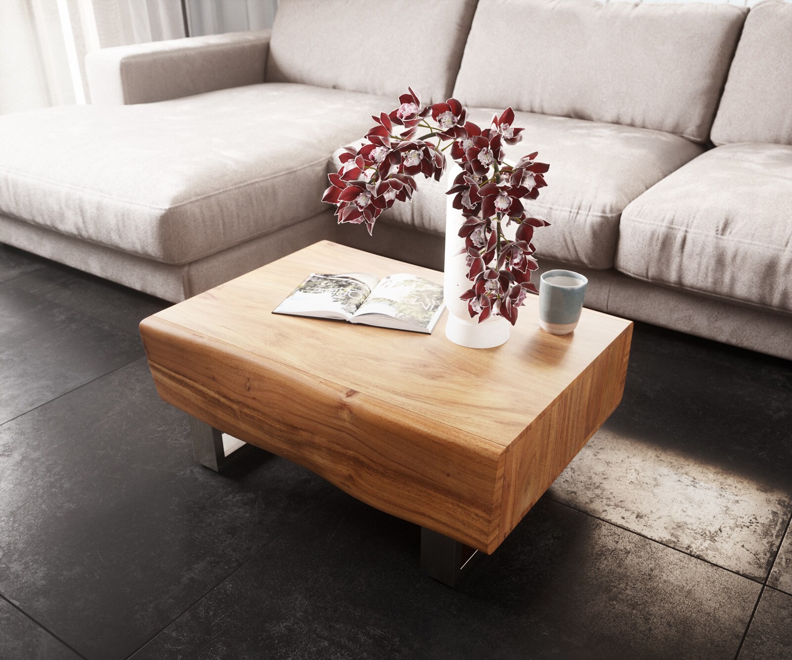 Couchtisch New Live-Edge 80x60 cm Akazie Natur 2 Schubladen Kufe Edelstahl gebürstet