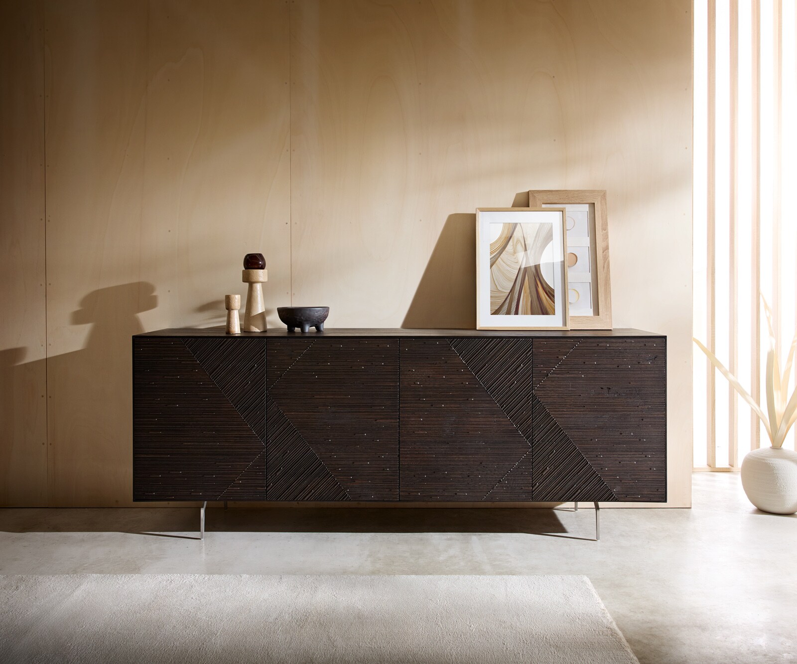 Sideboard Tereos 200 cm Esche Dunkelbraun 3D Effekt 4 Türen Winkelfuß Edelstahl gebürstet 1