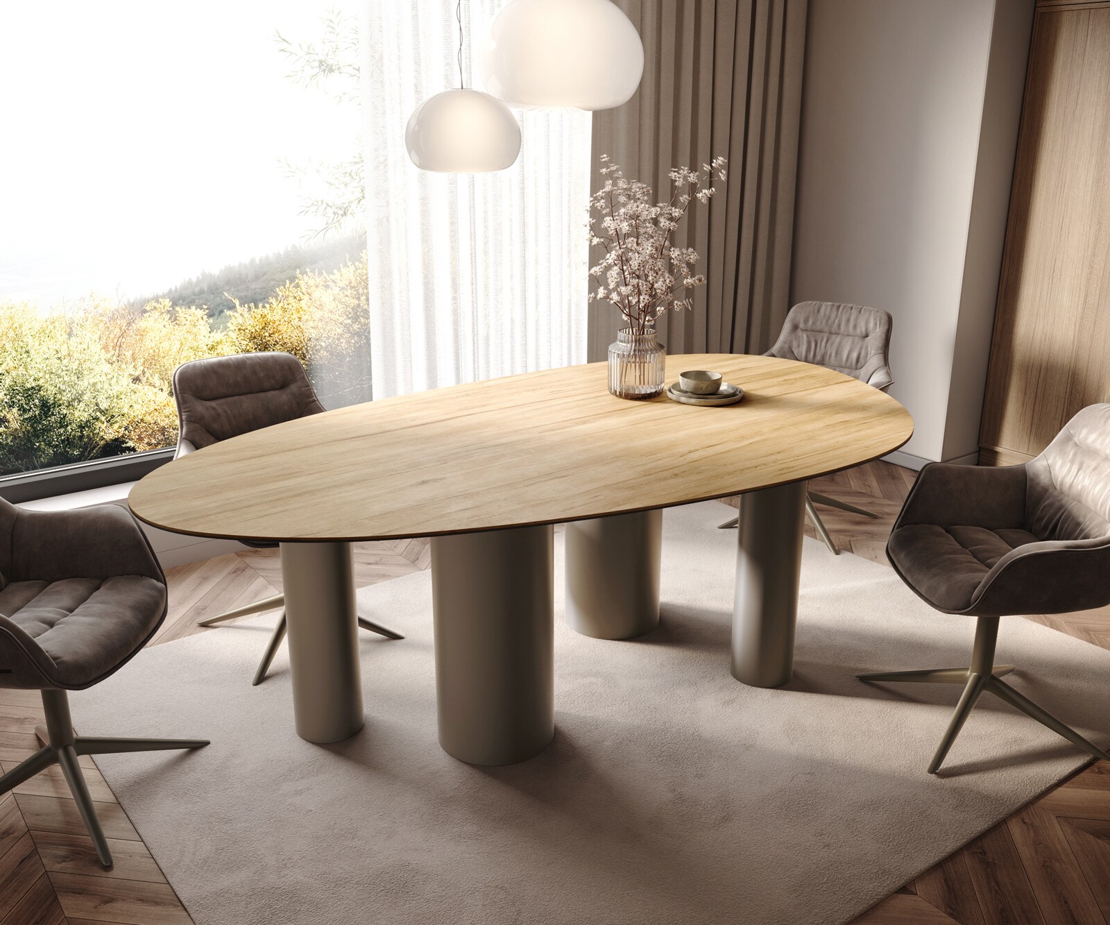 Esstisch Edge Oval 220x120 Keramik Laminam® Sabbia Eichefarbig Pilier Metall Effektfinish Titan 1