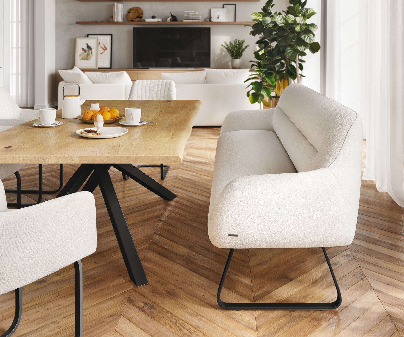 Esszimmerbank Taya-Flex 200 cm Bouclé Creme-Weiß Kufengestell flach Schwarz Taschenfederkern 2