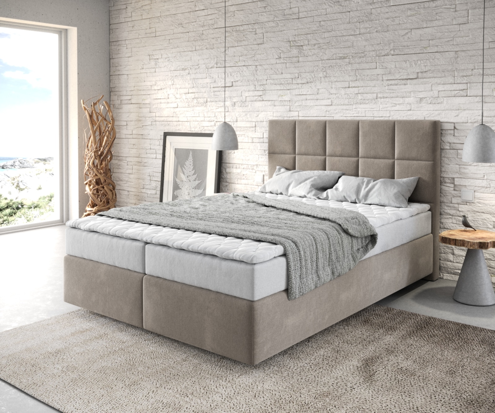 Boxspringbett Dream-Fine 140x200 cm Mikrofaser Beige mit Matratze und Topper Boxspringbett Dream-Fine 140x200 cm Mikrofaser Beige mit Matratze und Topper