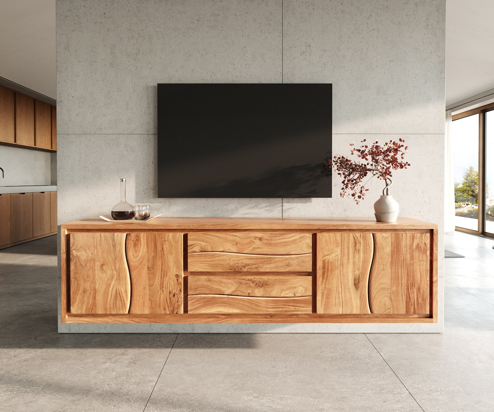 Lowboard Live-Edge 200 cm Akazie Natur 4 Türen 2 Schübe schwebend 1