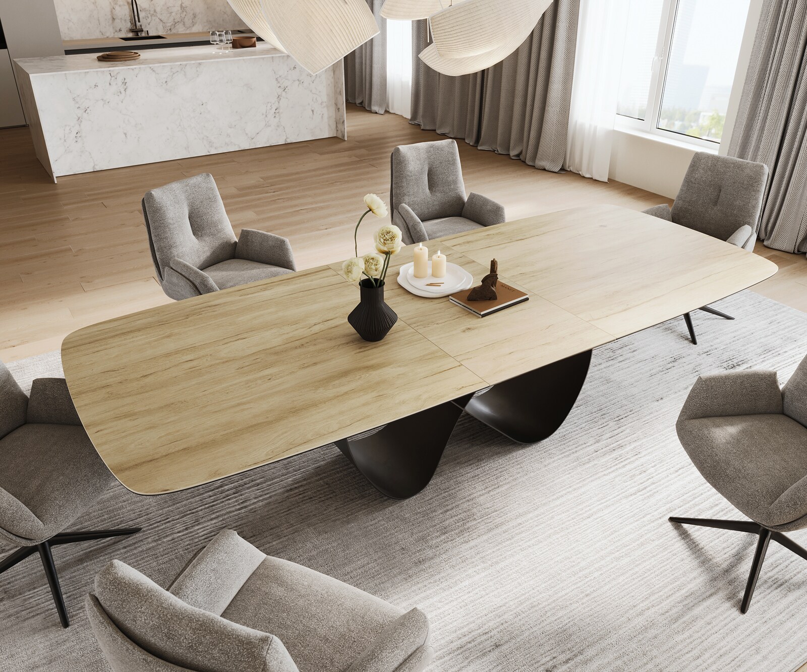 Esstisch Edge Boot 240-300x120 cm Keramik Laminam® Sabbia Eichefarbig Infinity Metall Schwarz ausziehbar 4