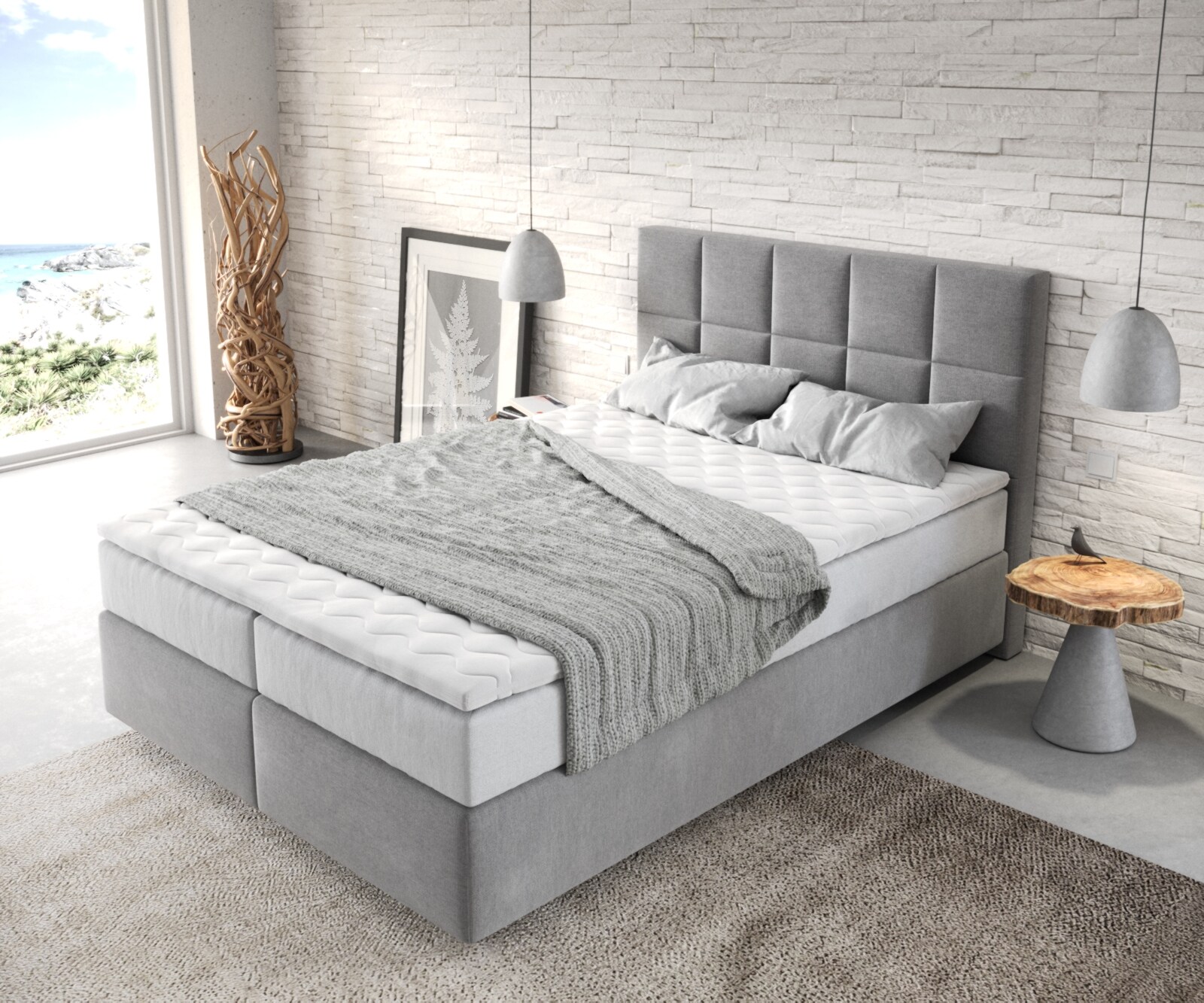 Boxspringbett Dream-Fine 140x200 cm Mikrofaser Grau mit TFK Matratze und Visco Topper 3