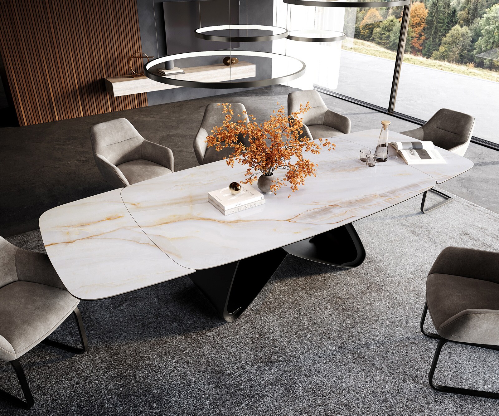 Esstisch Edge Boot 200-300x120 cm Keramik Onyx Pearl W-Gestell Metall Schwarz ausziehbar 4