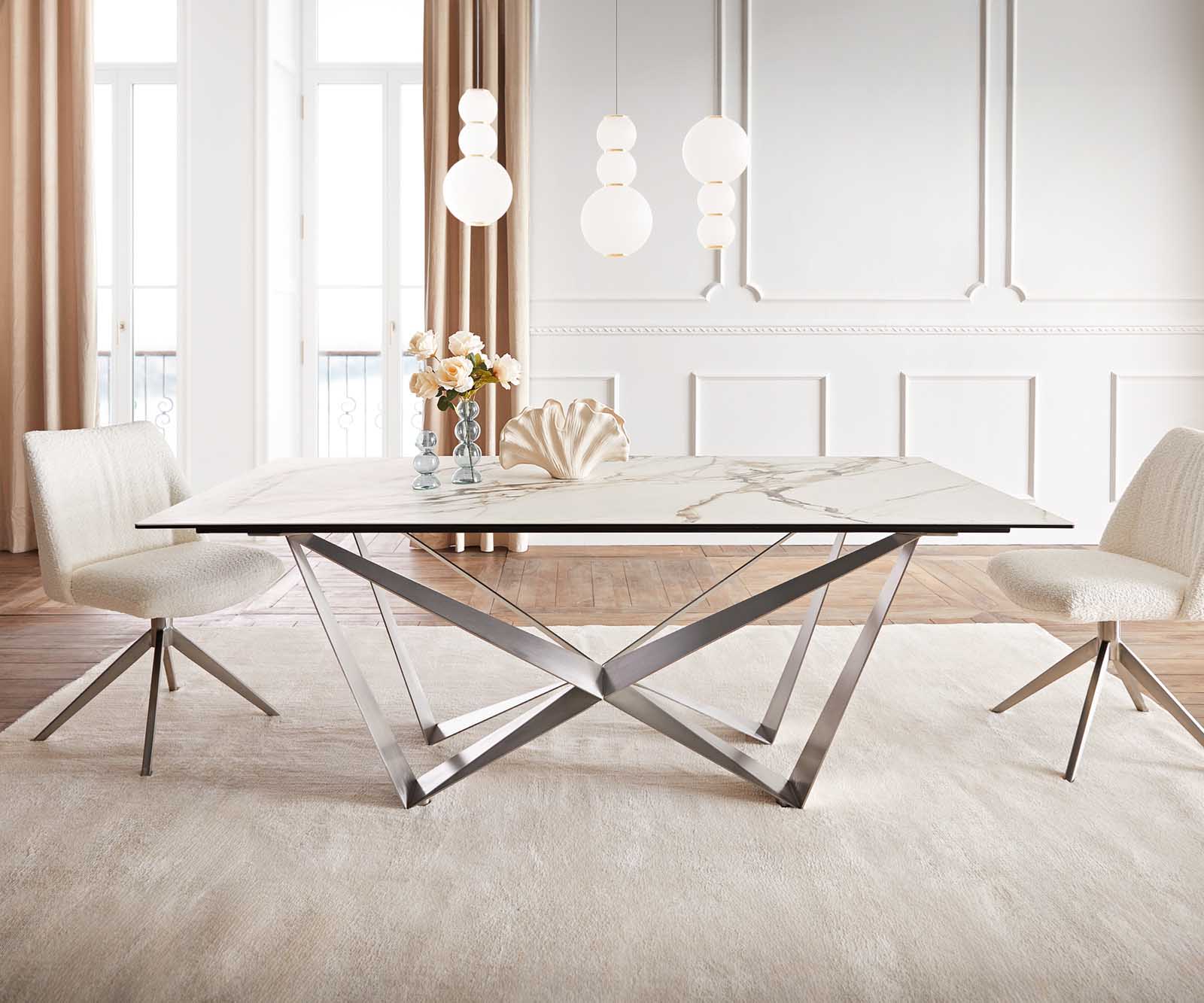 Esstisch Edge 200x100 Keramik Calacatta Luxe Weiß-Gold-Grau Spider Flachstahl Edelstahl