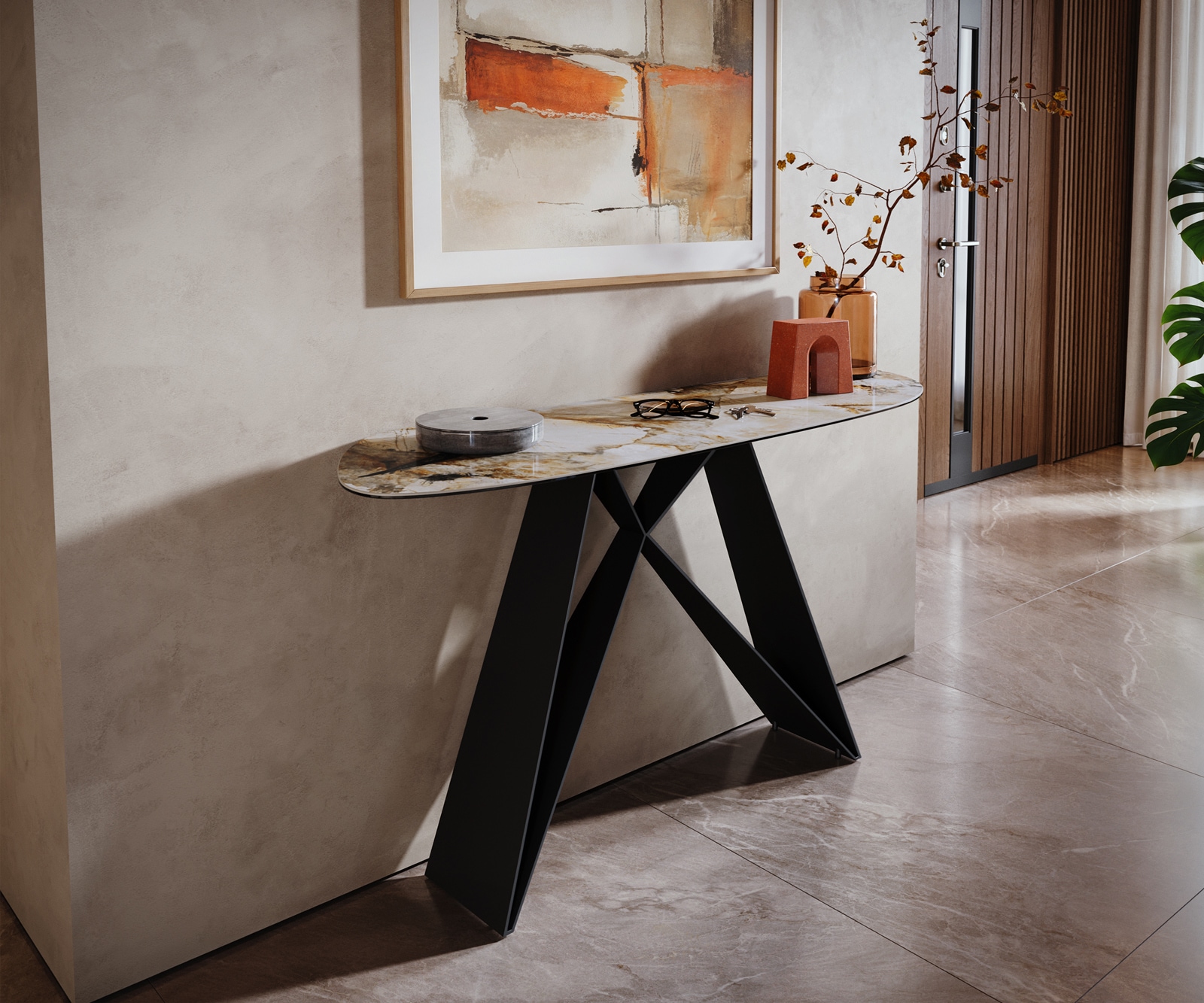 Konsolentisch Edge Organisch 140x40 cm Keramik Patagonia Poliert Velio Metall Schwarz