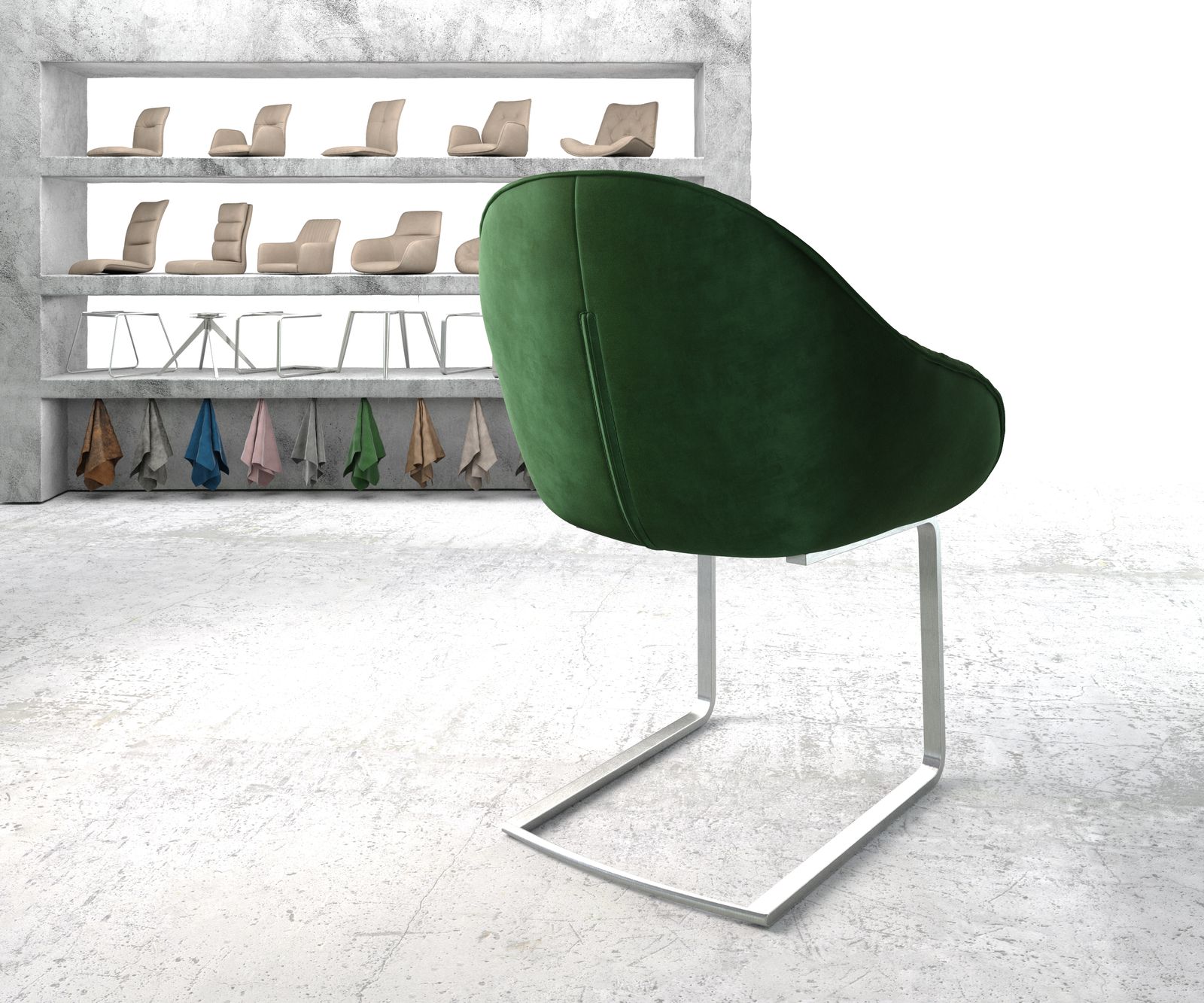 Schwingstuhl Gaio-Flex Samt Grün Freischwinger flach Edelstahl 3