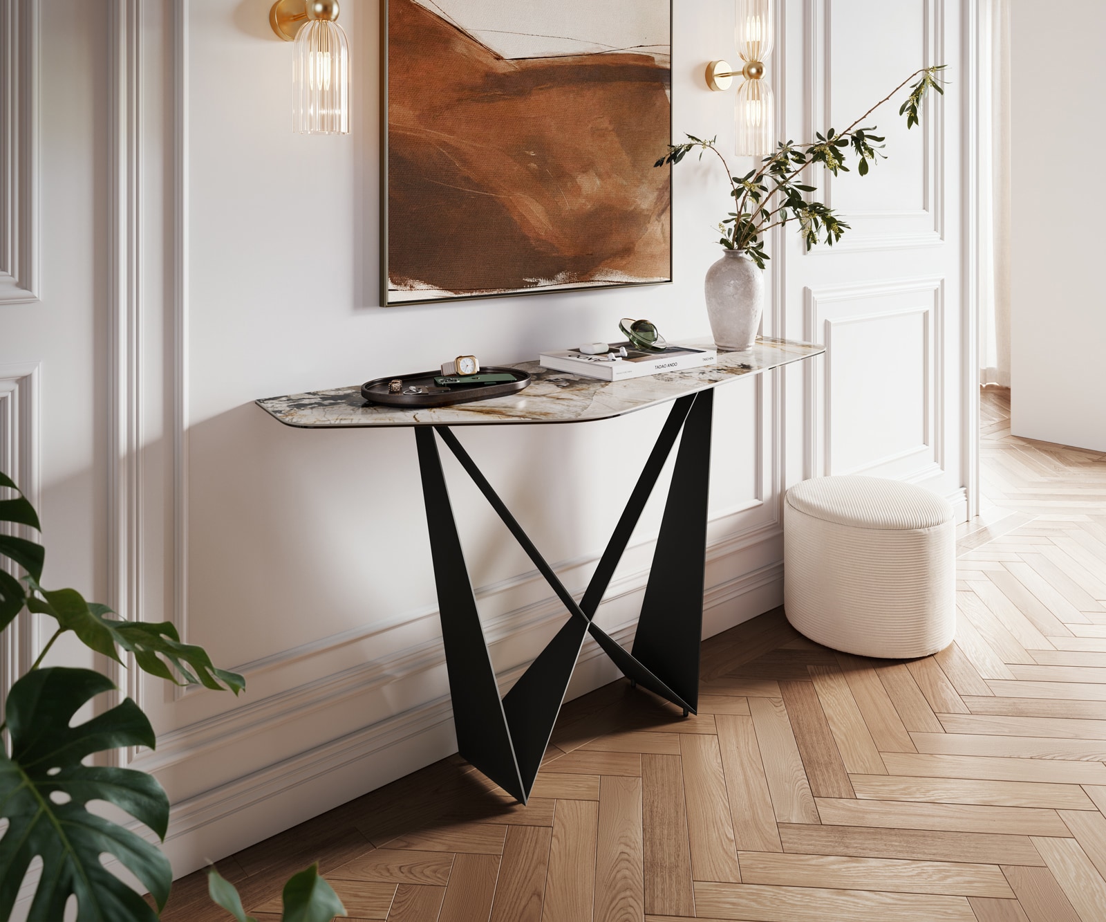 Konsolentisch Edge Polygonal 140x50 cm Keramik Patagonia Poliert Spios Metall Schwarz