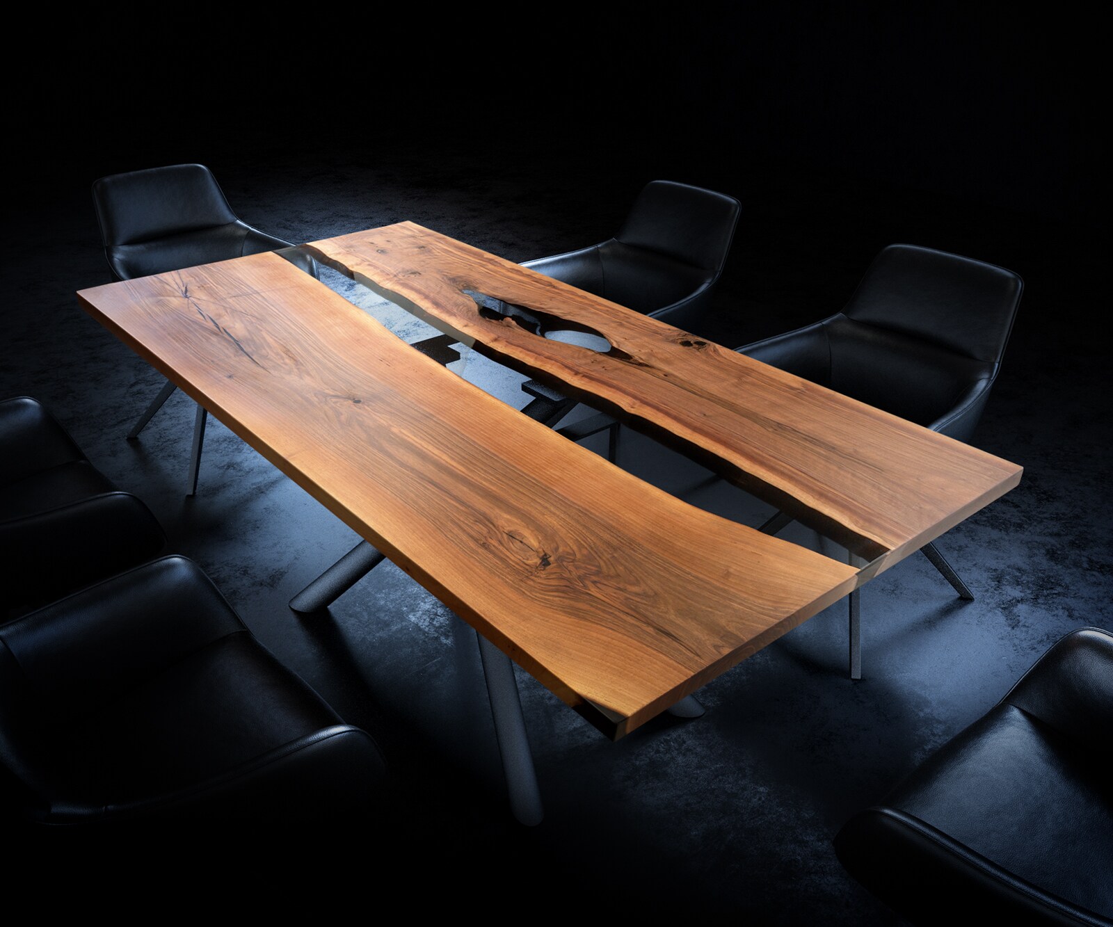 Tischplatte Walnuss Natur 200 cm Epoxid Schwarz-Transparent Unikat Nr. 32338