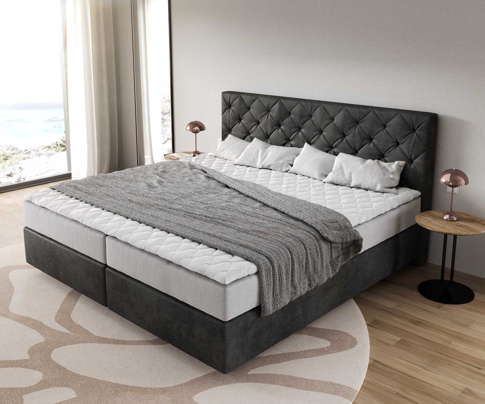 Boxspringbett Dream-Great Mikrofaser Anthrazit Vintage 200x200 cm mit Taschenfederkernmatratze und Topper Visco 3