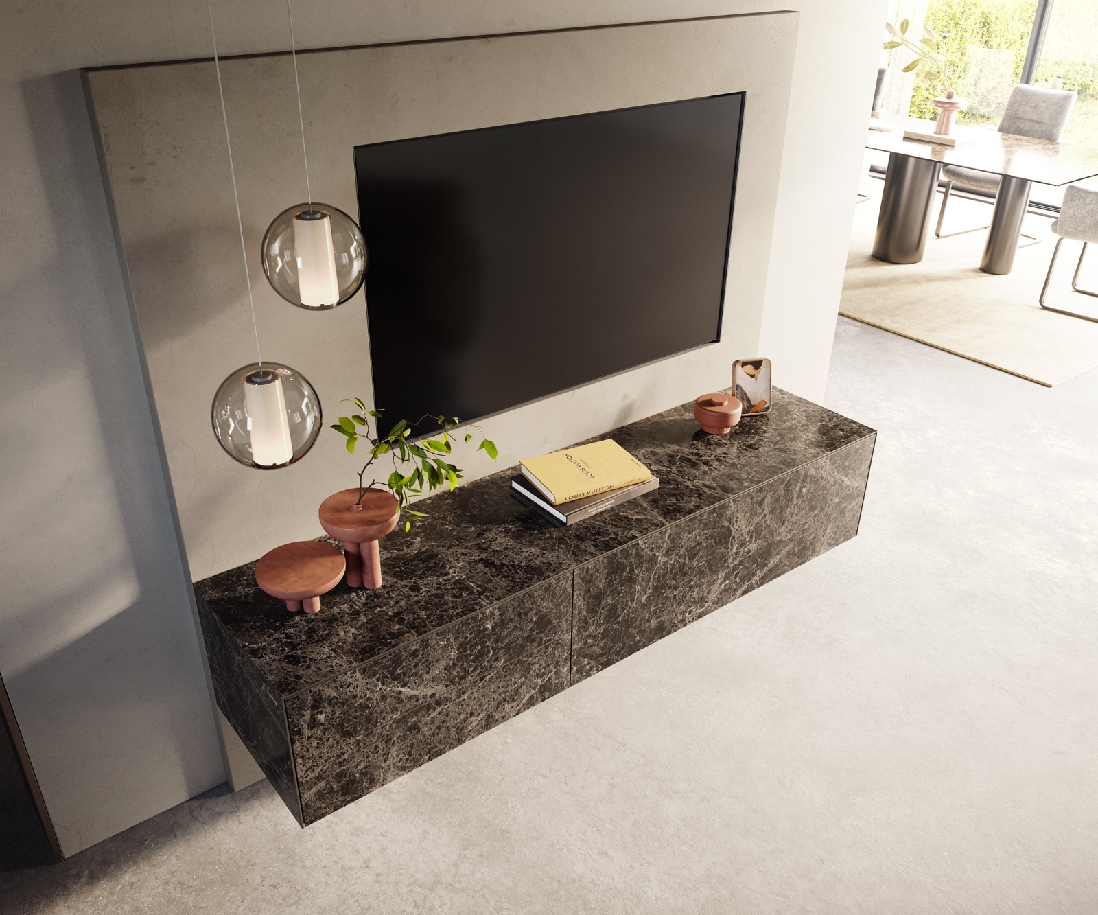 Lowboard Cuor 180 cm Keramik Laminam® Emperador Extra Lucidato Dunkelbraun 1 Klappe 2 Schubfächer Schwebend 4