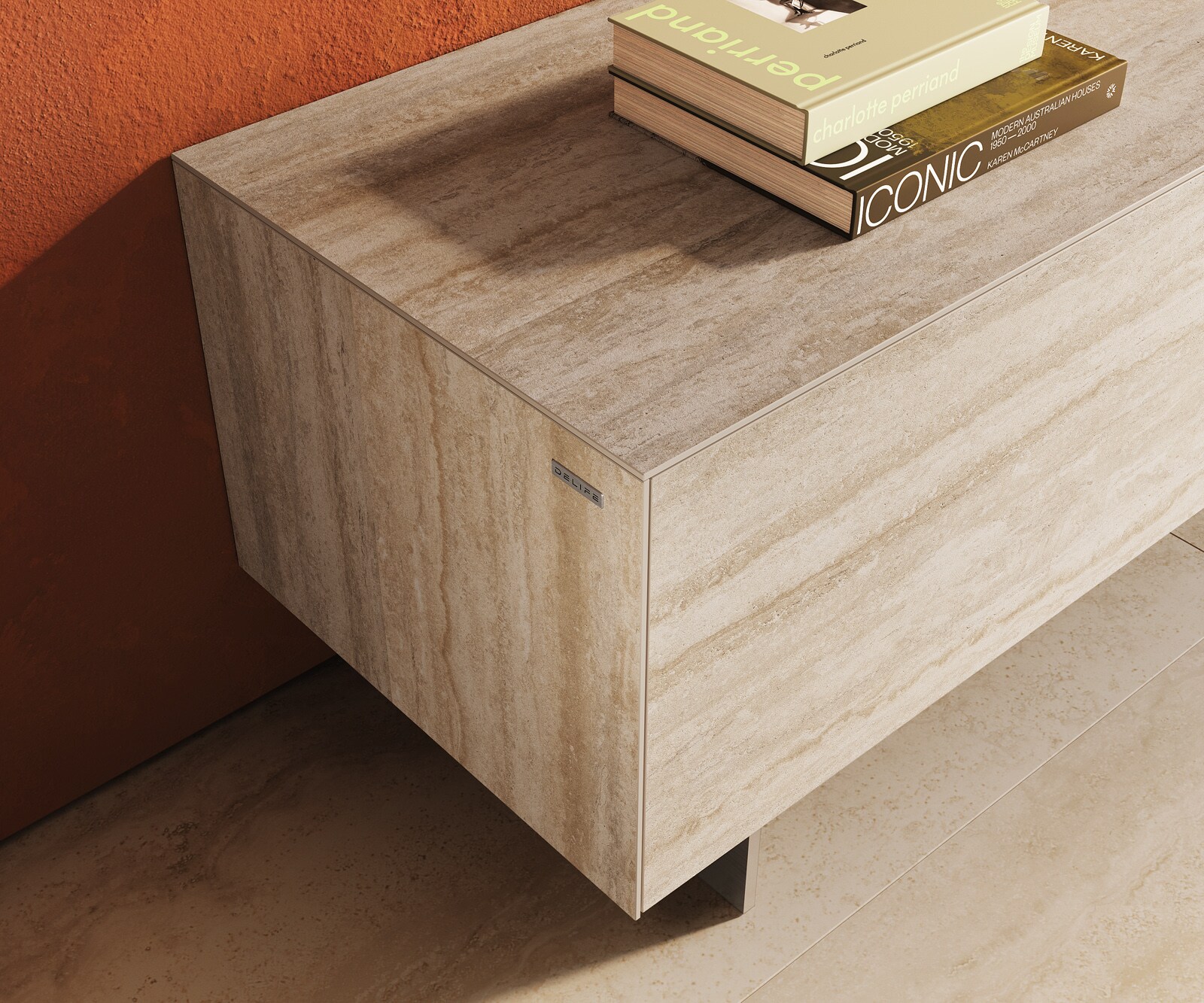 Lowboard Cuor 220 cm Keramik Laminam® Travertino Bianco Creme-Weiß 1 Klappe 2 Schubfächer Fuß Schwebeoptik Edelstahl 6