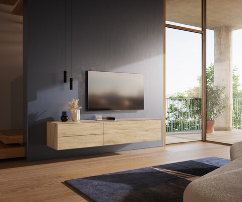 Lowboard Cuor 180 cm Keramik Laminam® Sabbia Eichefarbig 1 Klappe 2 Schubfächer Schwebend