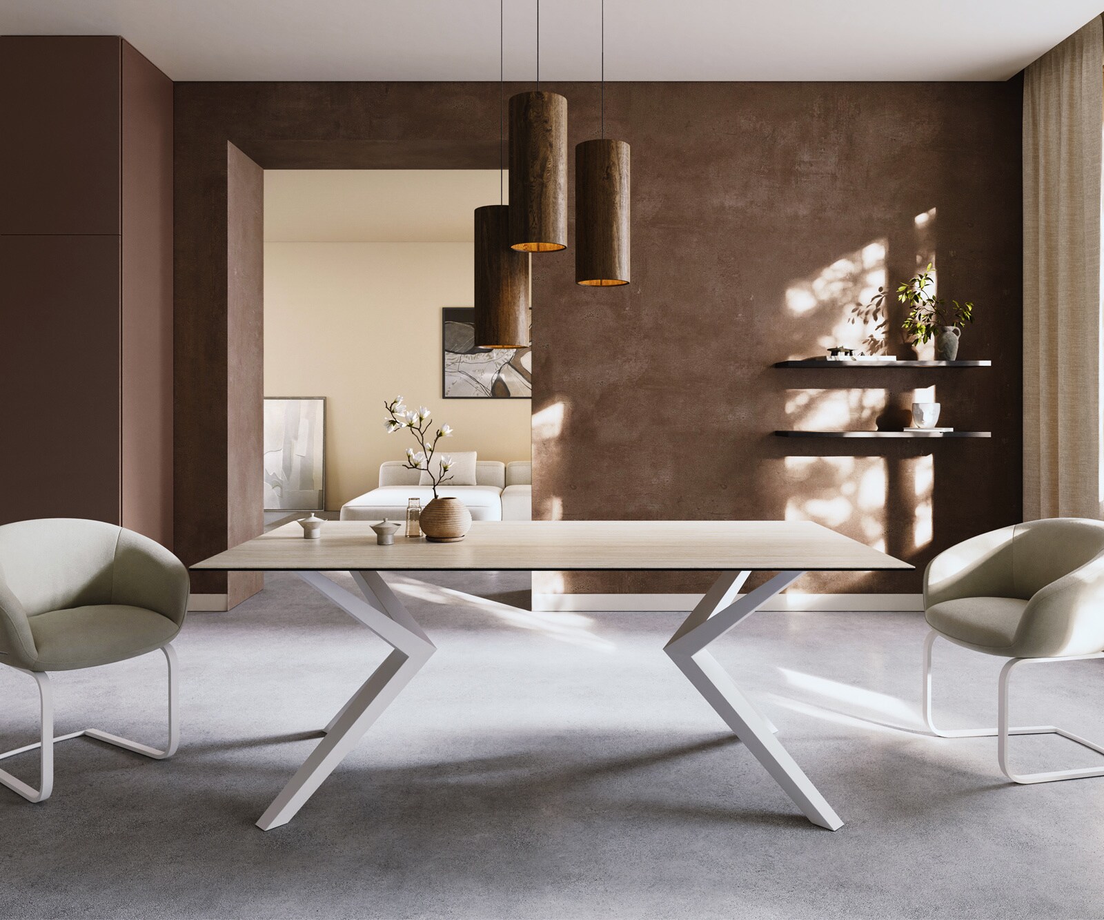 Esstisch Edge 200x100 Keramik Laminam® Travertino Bianco Creme-Weiß Zenthara kantig Metall Weiß 1