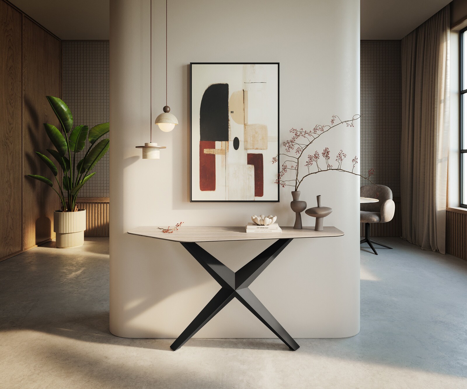 Konsolentisch Edge Polygonal 140x50 cm Keramik Laminam® Travertino Bianco Creme-Weiß Zentharo Metall Schwarz 3