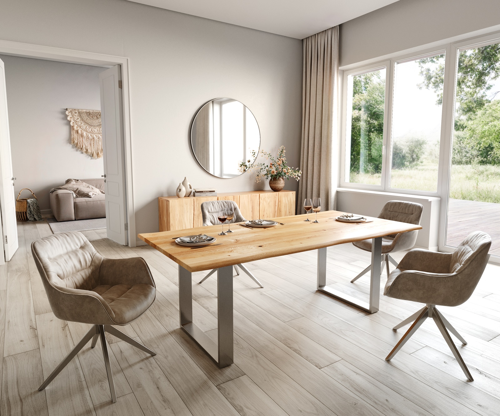 Esstisch Edge 200x100x2,5-3 Eiche Natur Edelstahl schmal Live-Edge 5 Esstisch Edge 200x100x2,5-3 Eiche Natur Edelstahl schmal Live-Edge 5