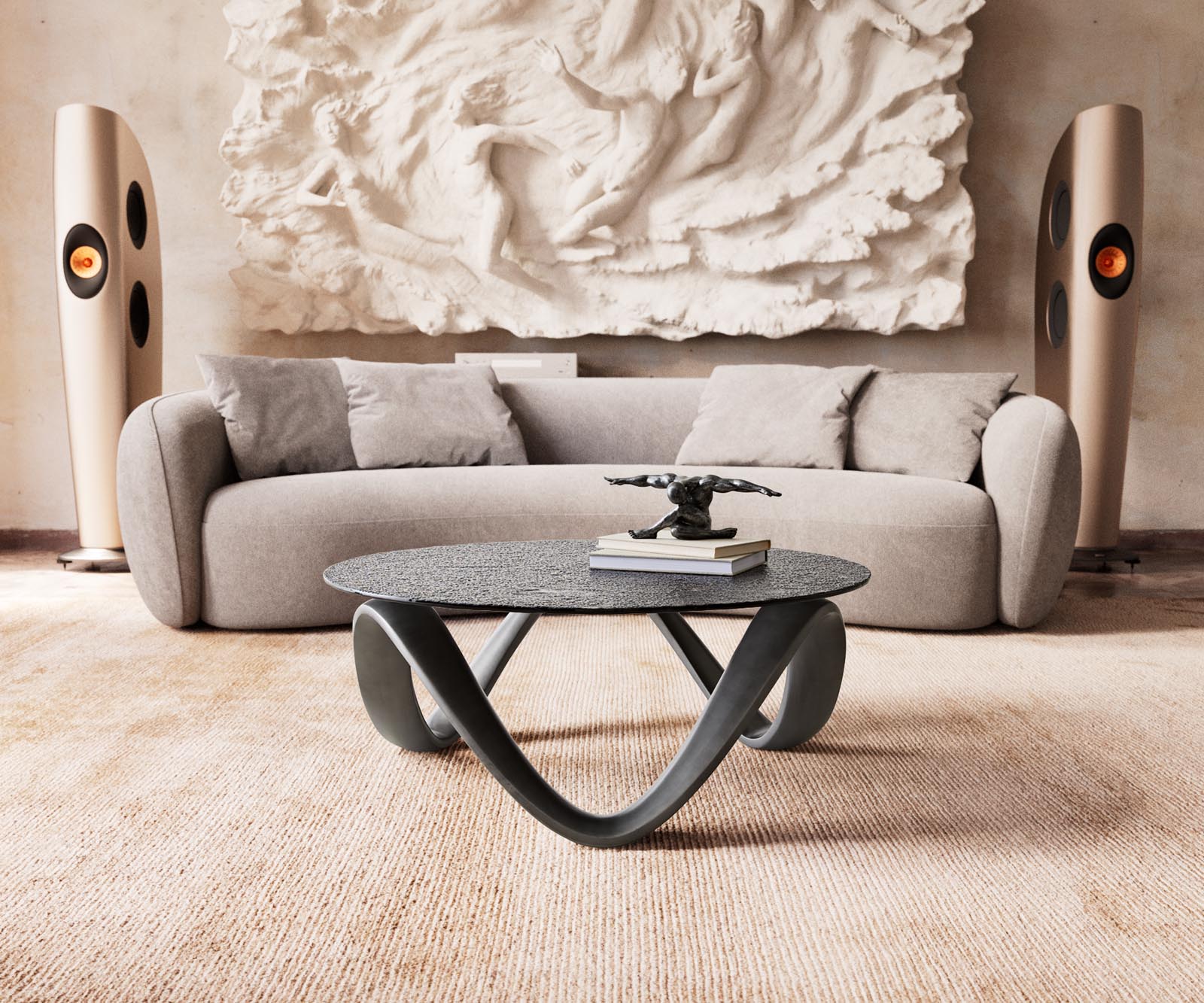 Couchtisch Tanju 90x90 cm Metallic Silber mit Reliefglas Grau 2