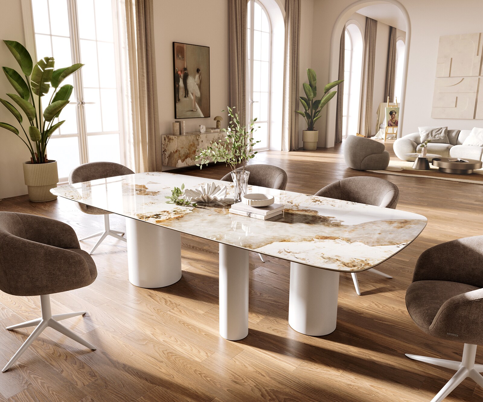 Esstisch Edge Boot 260x120 cm Keramik Minas Melange Weiß-Beige Troa Metall Weiß 1