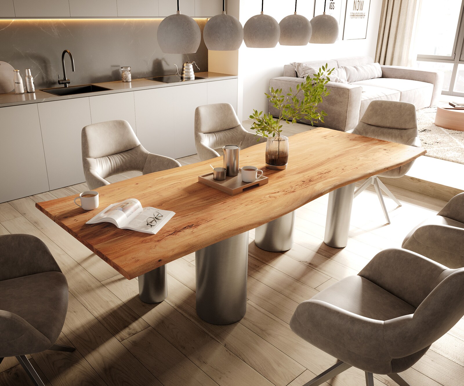 Esstisch Edge 260x100 Akazie Natur Pilier Edelstahl gebürstet Live-Edge