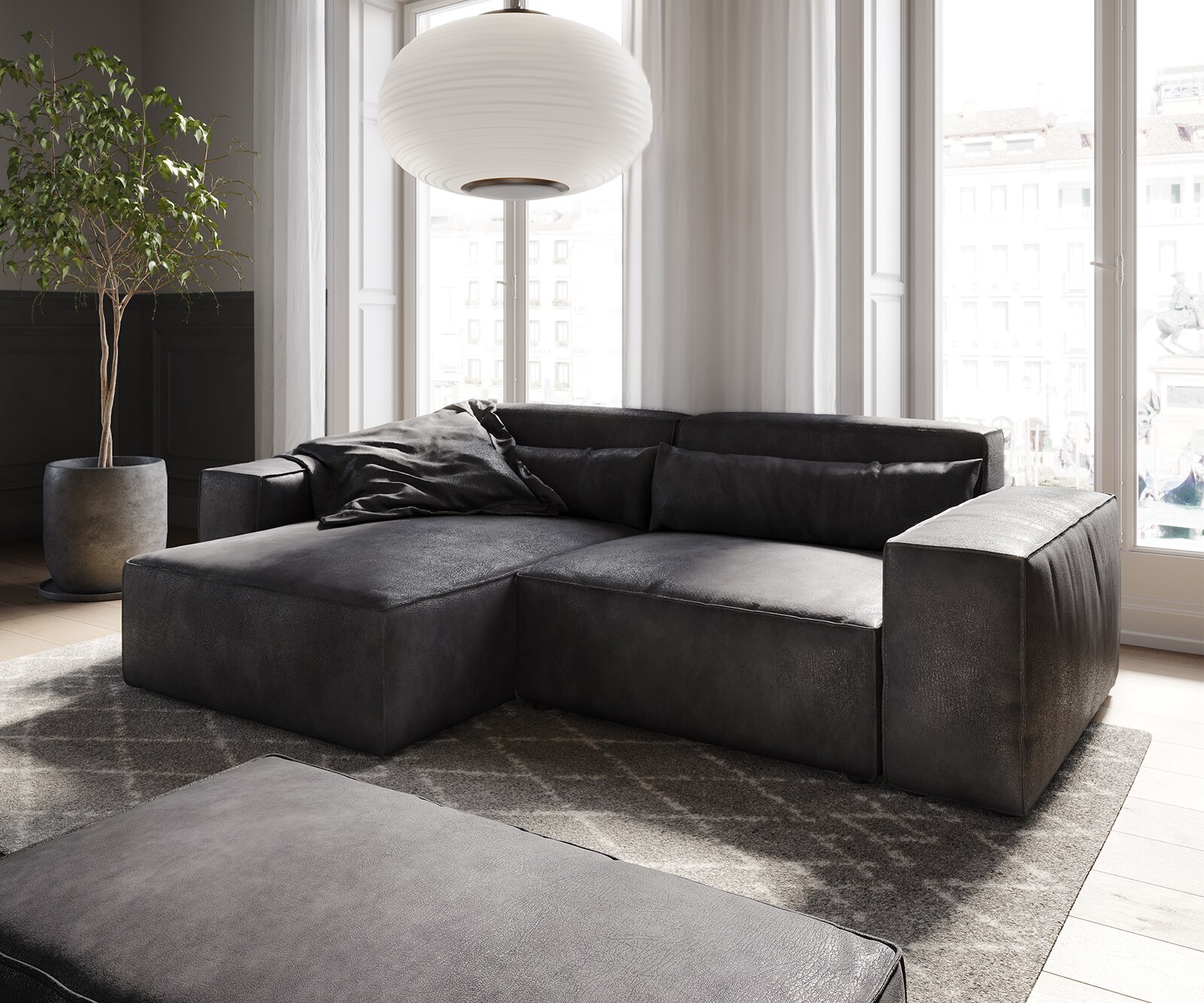 DELIFE Ecksofa Sirpio 230x150 cm Lederimitat Vintage Anthrazit Recamiere variabel mit Hocker