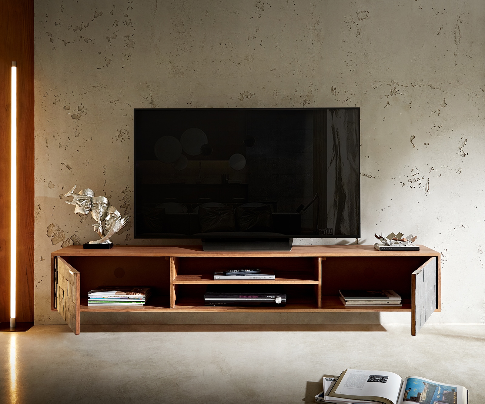 Lowboard Teele 200 cm Akazie Natur Schiefer 2 Türen schwebend 6