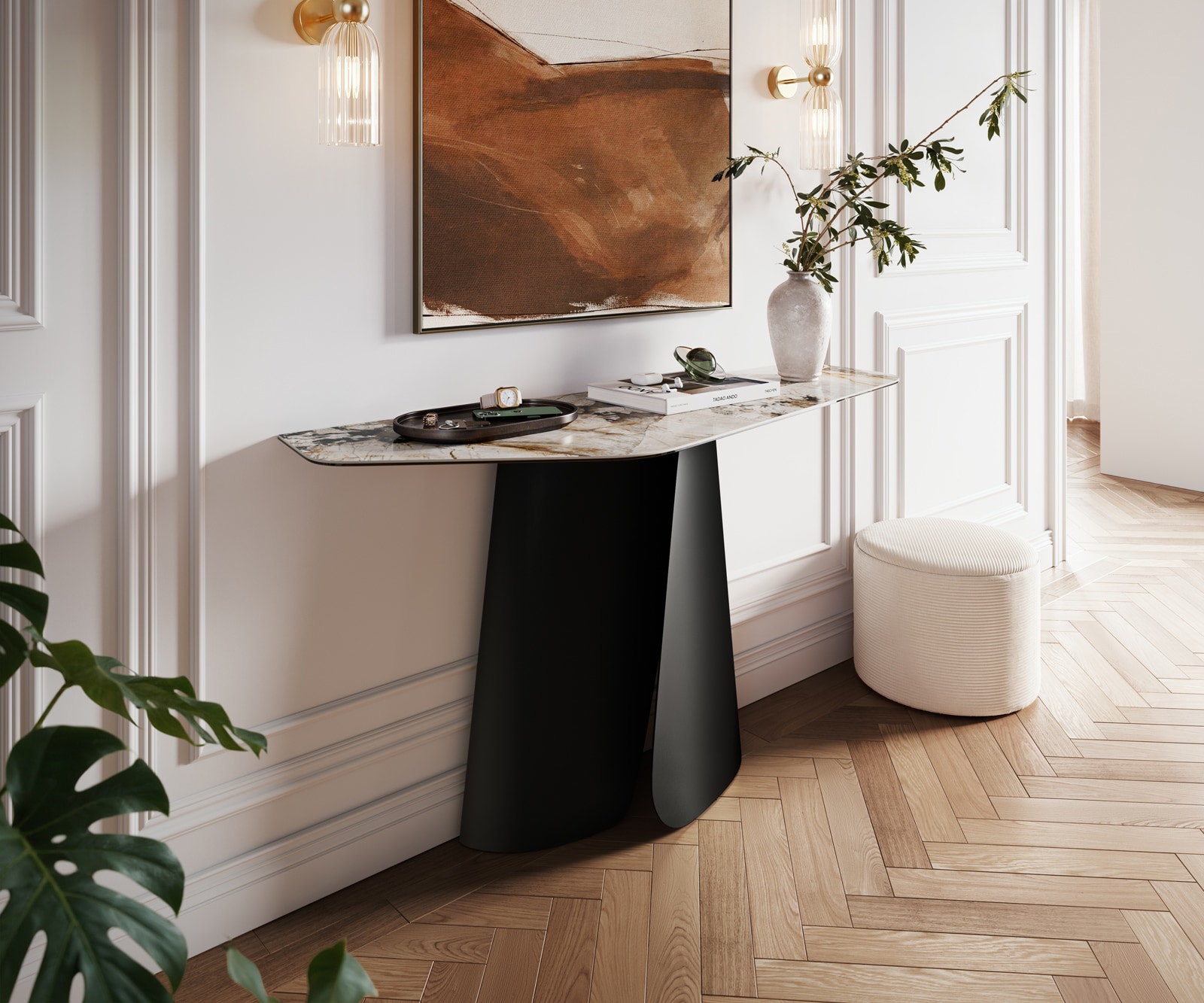 Konsolentisch Edge Polygonal 140x50 cm Keramik Patagonia Poliert Livos Metall Schwarz