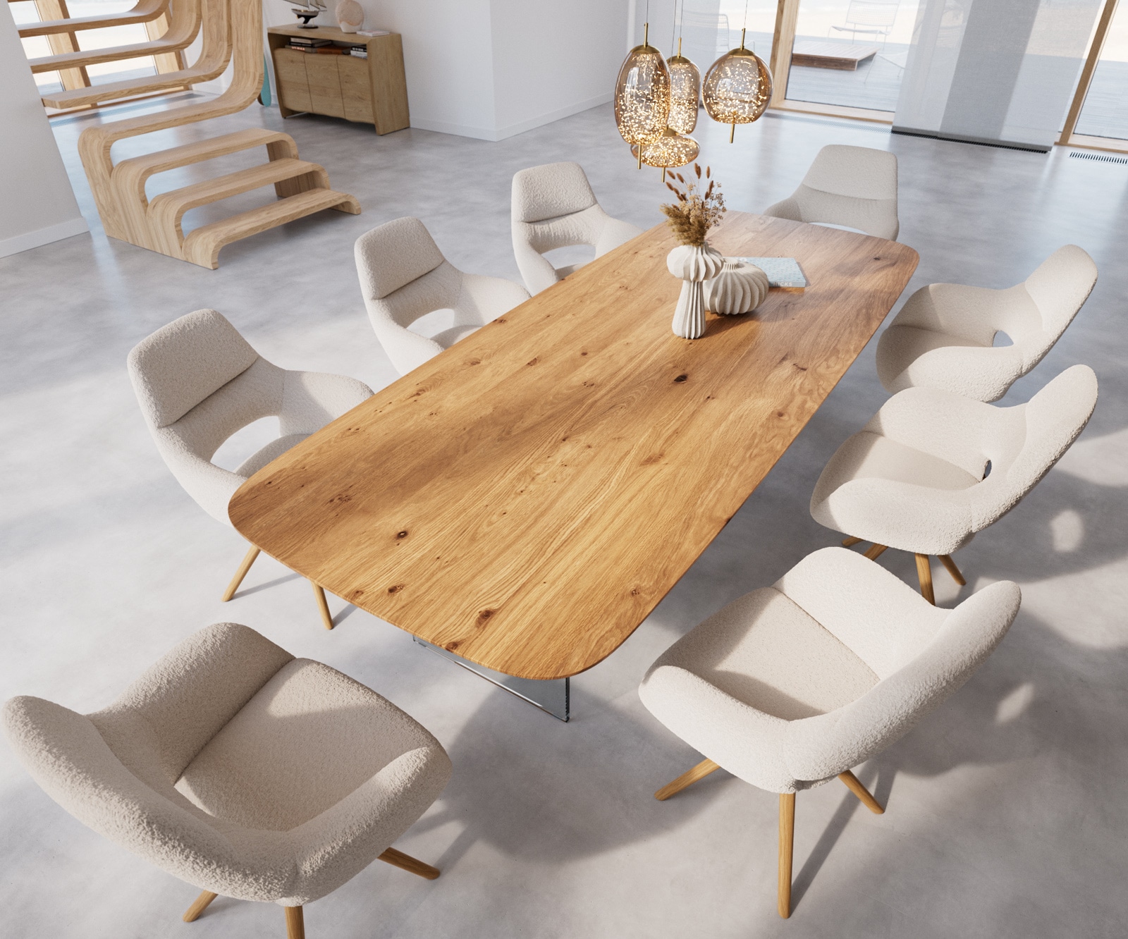 Esstisch Edge Boot 300x120x2,5-3 Eiche Natur Glas Schweizer Kante 4