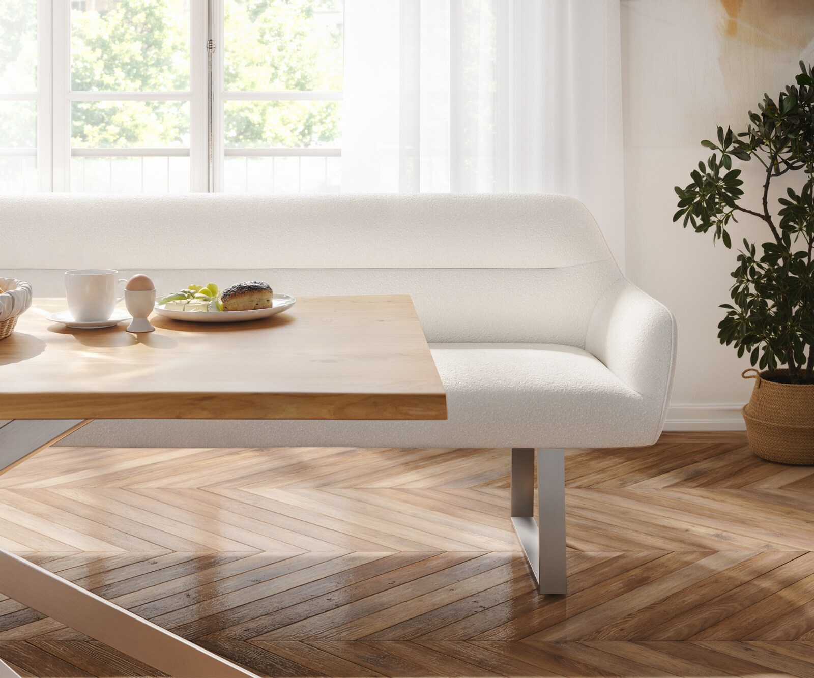 Esszimmerbank Taya-Flex 300 cm Bouclé Creme-Weiß Kufengestell kantig Edelstahl Taschenfederkern 4