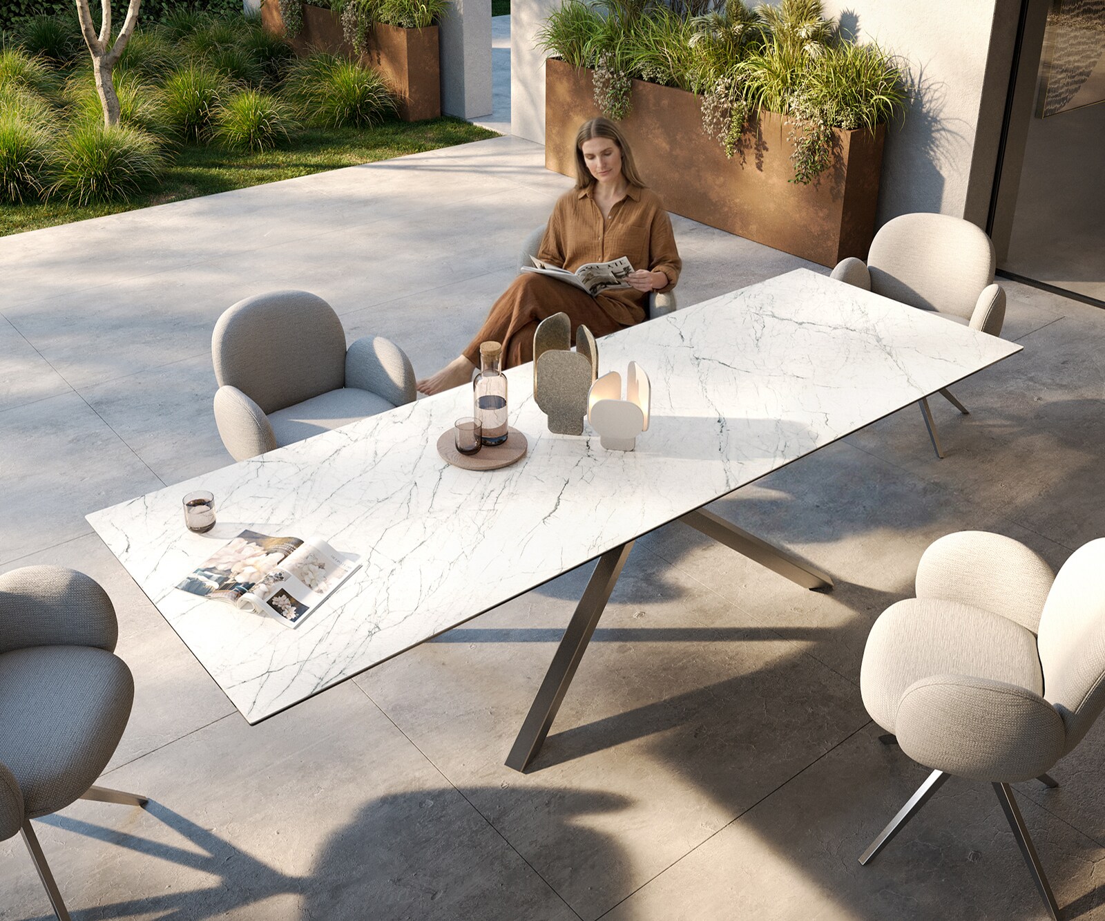 Outdoortisch Edge 300x100 cm Keramik Laminam® Statuarietto Weiß Kreuzgestell Rechteck Edelstahl 3