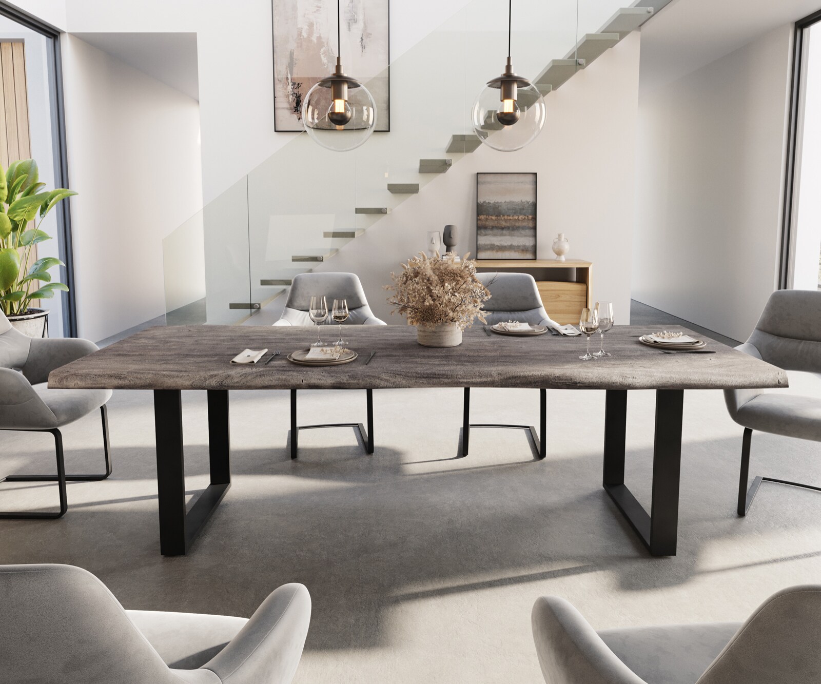 Esstisch Edge 260x100 XL Akazie Platin Metall Schmal schwarz Live-Edge 2