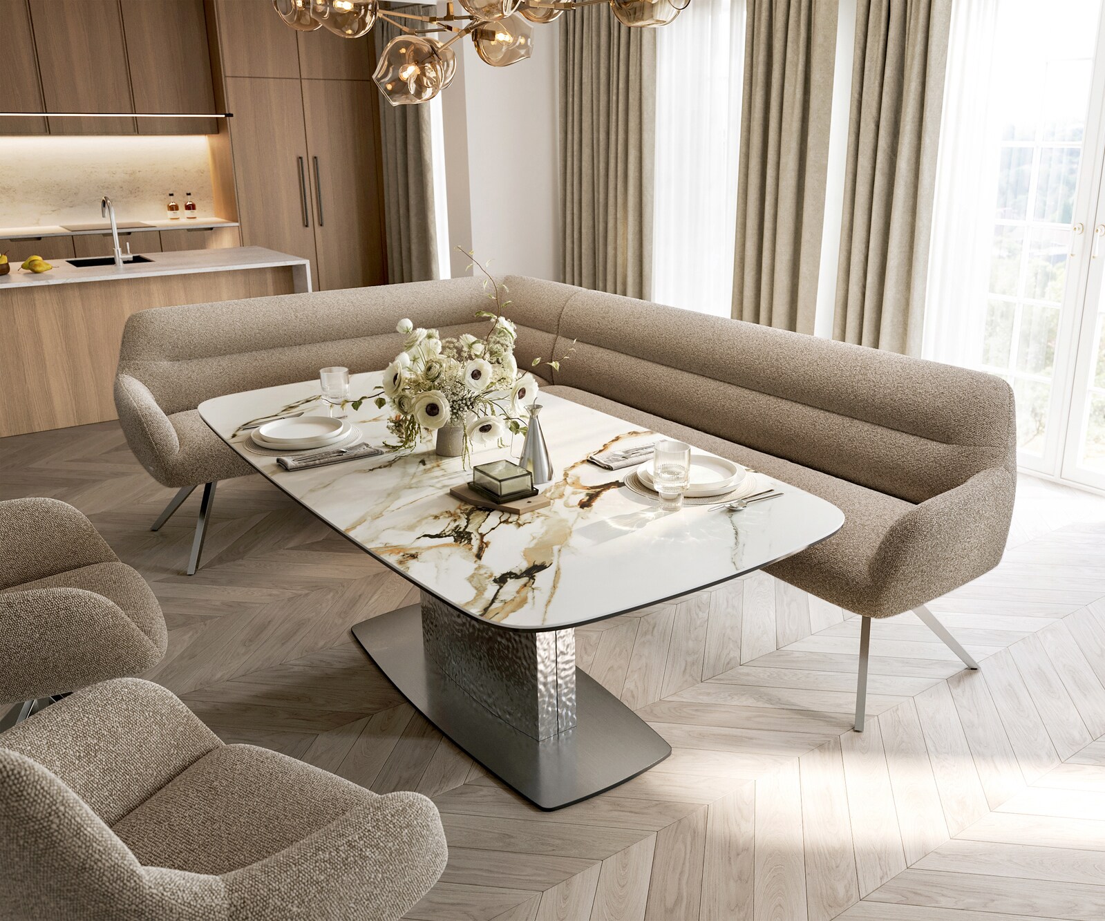 Esszimmerbank Taya-Flex 285x190 cm Bouclé Schlamm Kreuzgestell kantig Edelstahl Taschenfederkern Rechts 1