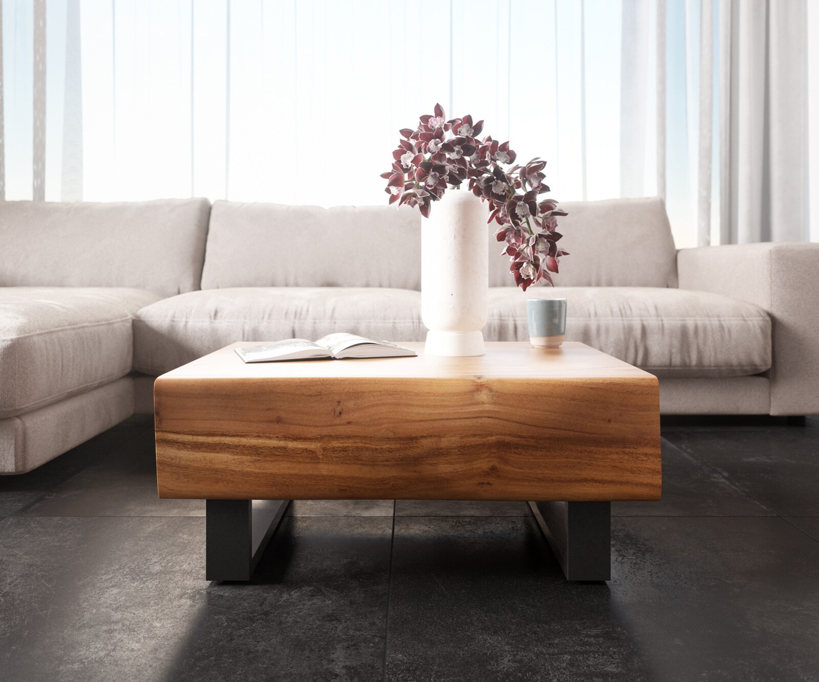 Couchtisch New Live-Edge 80x60 cm Akazie Natur 2 Schubladen Kufe Metall Schwarz 1