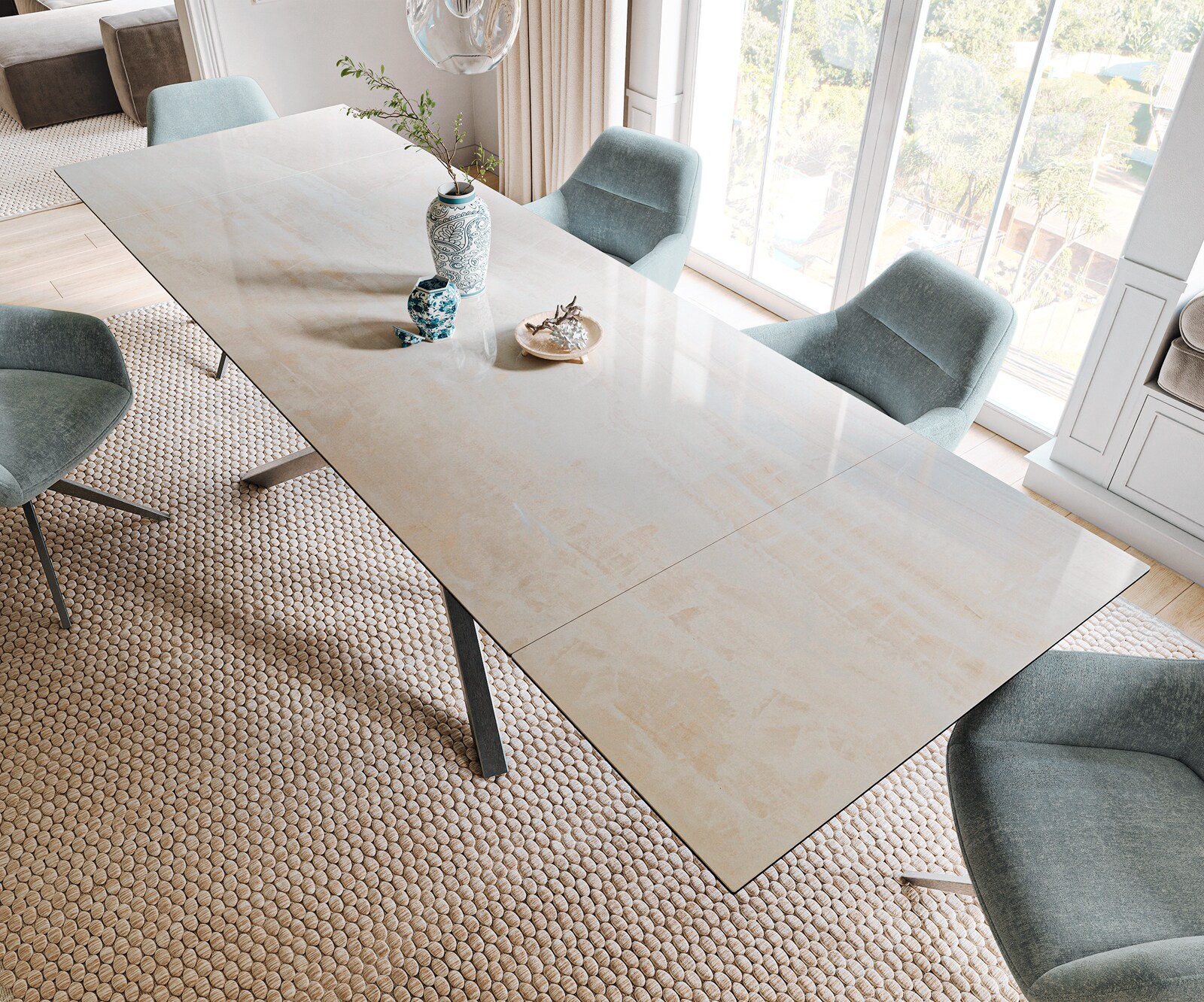 Esstisch Edge 200-300x100 cm Keramik Onyx Champagne Kreuzgestell Rechteck Edelstahl Graphit ausziehbar 4