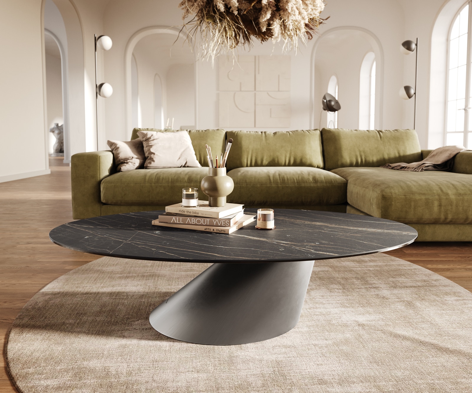 Couchtisch Edge Oval 140x80 cm Keramik Laminam® Noir Desir Braun Conis Edelstahl gebürstet 2